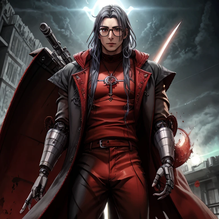  low angle, away from the observer, ((a man standing alone on the scene holding a scarlet sickle in his left hand, holding a technological revolver in his right hand with robotic details on his skin,):1.10) (best image quality, ultra nitidez, ultra sombreamento, balance in contrast, obra prima), {man with long hair}:(homem adulto, with twenty-seven years old) (silver-colored hair, long hair that flies in the wind, tied in the samurai style, eyes With a cold expression, blood-red eyes, boca fechada, normal silver eyebrows, slightly brown skin, look cold and icy,  black high-neck shirt, wearing a dull red overcoat, wearing pastel-colored pants, wearing normal glasses, wearing black military boots, he has a large scarlet sickle that It is in his left hand, the tip of the sickle is dripping drops of blood, } his right hand and a robotic hand, his right hand holds a futuristic revolver that emanates a faint dark blue light), (Dark and cold city, em um beco, illuminated by a pole that emits a weak half-yellowish white light).