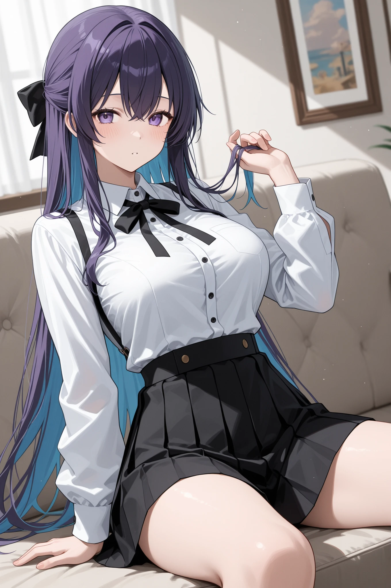 最high quality, high quality, Super detailed, 16K, Ultra-detailed details, pretty girl, alone, beautiful purple hair, Beautiful purple eyes, Big Breasts, A light smile, Summer clothes, Summer Maid clothes, I'm lifting my skirt, Blue and white color striped underwear(Bikini swimsuit under skirt), My crotch is wet with love juice, {{A succubus who steals the face skin and maid uniform from the girl she likes and plays pranks on her、I'm wearing a maid outfit while pretending to be the girl I like.}}, Full body image, NSFW