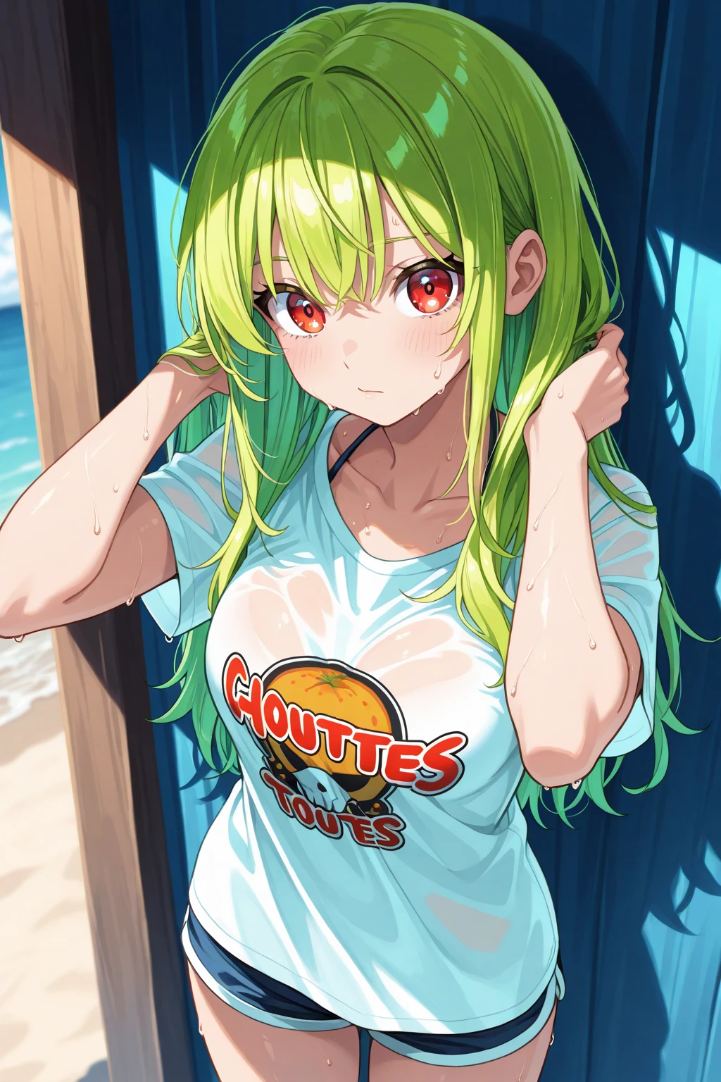 masterpiece, 1girl, liru the wolf girl, blue hair, (large breasts:0.8), dark skin, bikini, standing, beach, ocean