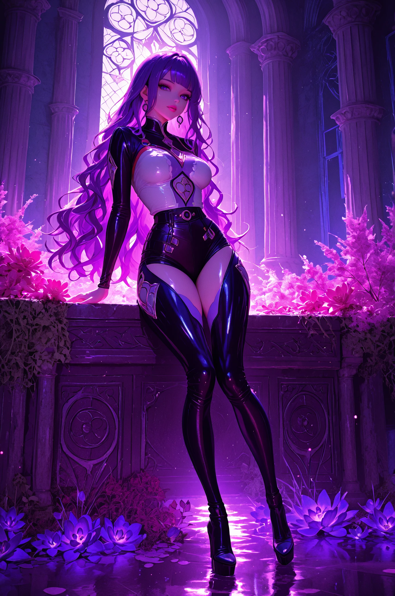 1girl,a stunning  porn model, (masterpiece, detailed background, best quality), long  shiny hair, light pink hair with light highlights,smirk smile,juicy lips, dark red lips, medium breasts, perky breasts, shaved pussy, wet pussy, dripping, long legs, large combat-boots, standing widespread, calmart, sex toy, stripping, elegant makeup sultry look, seductive,
