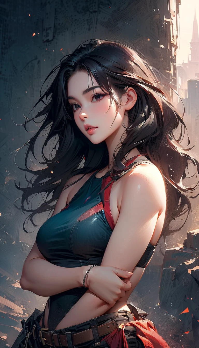 (masterpiece), (best quality), Sam Yang, 1girl, solo, portrait shot, large breasts, red eyes, long dark hair, (Tifa Lockhart), (Advent Children), black shorts, black vest, white shirt, looking at viewer, blue dress, dynamic angle, dynamic pose, sunset, bright rim light, city in background, rule of thirds <lora:samdoesartsSamYang_normal:0.6>