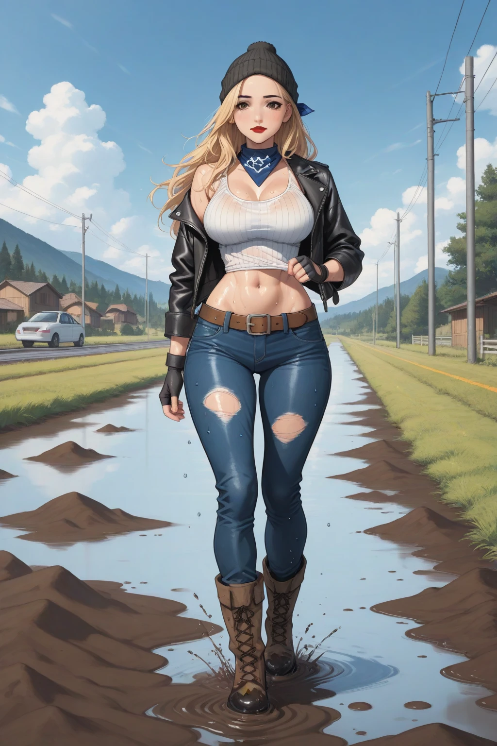 Capri Anderson (beautiful and bold, seductive and attractive, blue eyes, pointed breasts, dark lipstick, sweaty body, windbreaker, torn leg pants, boot, white hair, thick legs). (deserted road, dirt road, blood, zombies, smoke, fire, cars on fire, abandoned road, zombie movie, apocalyptic setting, cinematic effect), (Best quality, masterpiece, depth of field, Full HD, 4K, richness of detail). Portrait style