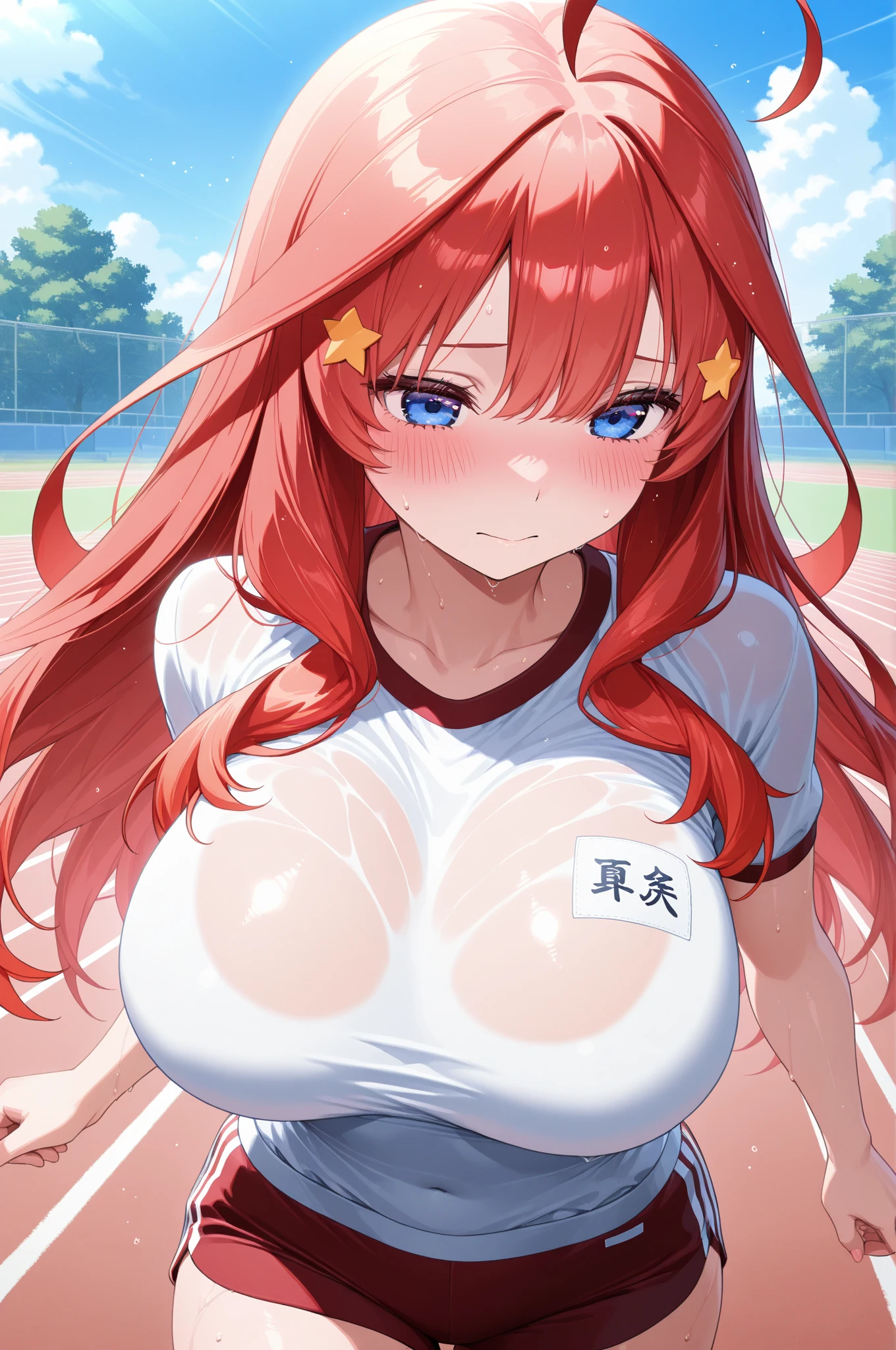 one woman,high school girl,big breasts,Belly exposure,highest quality,Super high quality,Cute face,cheerleader,Cheerleader,Angle from directly below,underboob,sweat all over,Red hair,Full view of pussy,Too much exposure of the chest,
