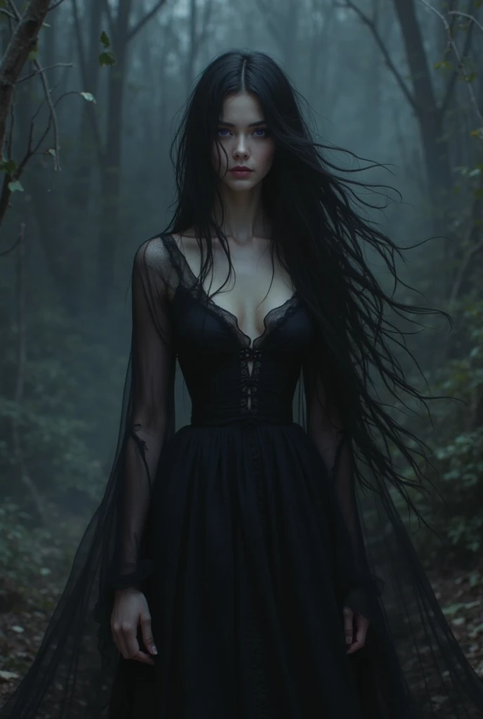the scene is terrifying. In a mysterious and enchanting realm, a dark mist envelops the scene, as if hiding something deep. Among this fog, the figure of a woman appears with flowing black hair and eyes flickering with an otherworldly light, looking at the viewer. The image conveys her gentle yet terrifying and powerful presence, her ethereal and otherworldly beauty contrasting with the darkness surrounding her. The foggy atmosphere gives the work of art a mysterious and dreamlike quality, giving it an almost surreal appearance. The painting, expertly executed, showcases intricate details and vibrant colors that bring the scene to life. It invites us into a fascinating world where memories are shrouded in layers of uncertainty, waiting to be unraveled.