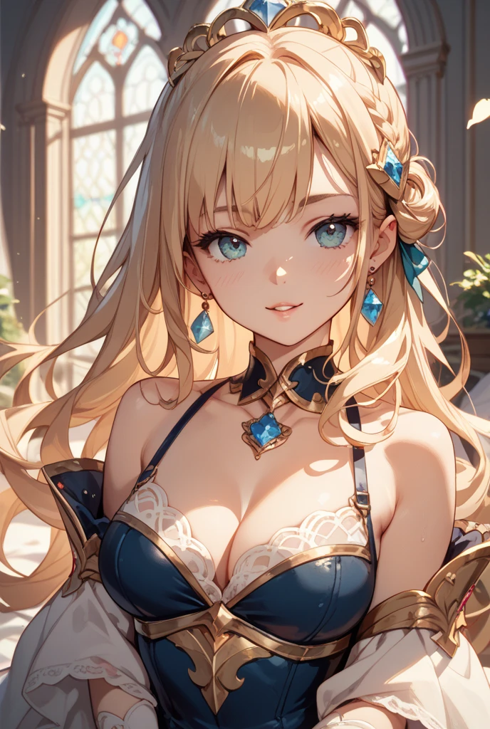 (((Masterpiece, Ultra HD, High Resolution, 8K Quality))), (photo realistic:1.4), (side light, beautiful detailed eyes:1.2), masterpiece*portrait, realistic, 3d face, glowing eyes, glowing hair, shiny skin, alone, blonde hair, shining blue eyes, highlight on eyes, Very long eyelashes, very large breasts, embarrassed, cleavage, beautiful smile