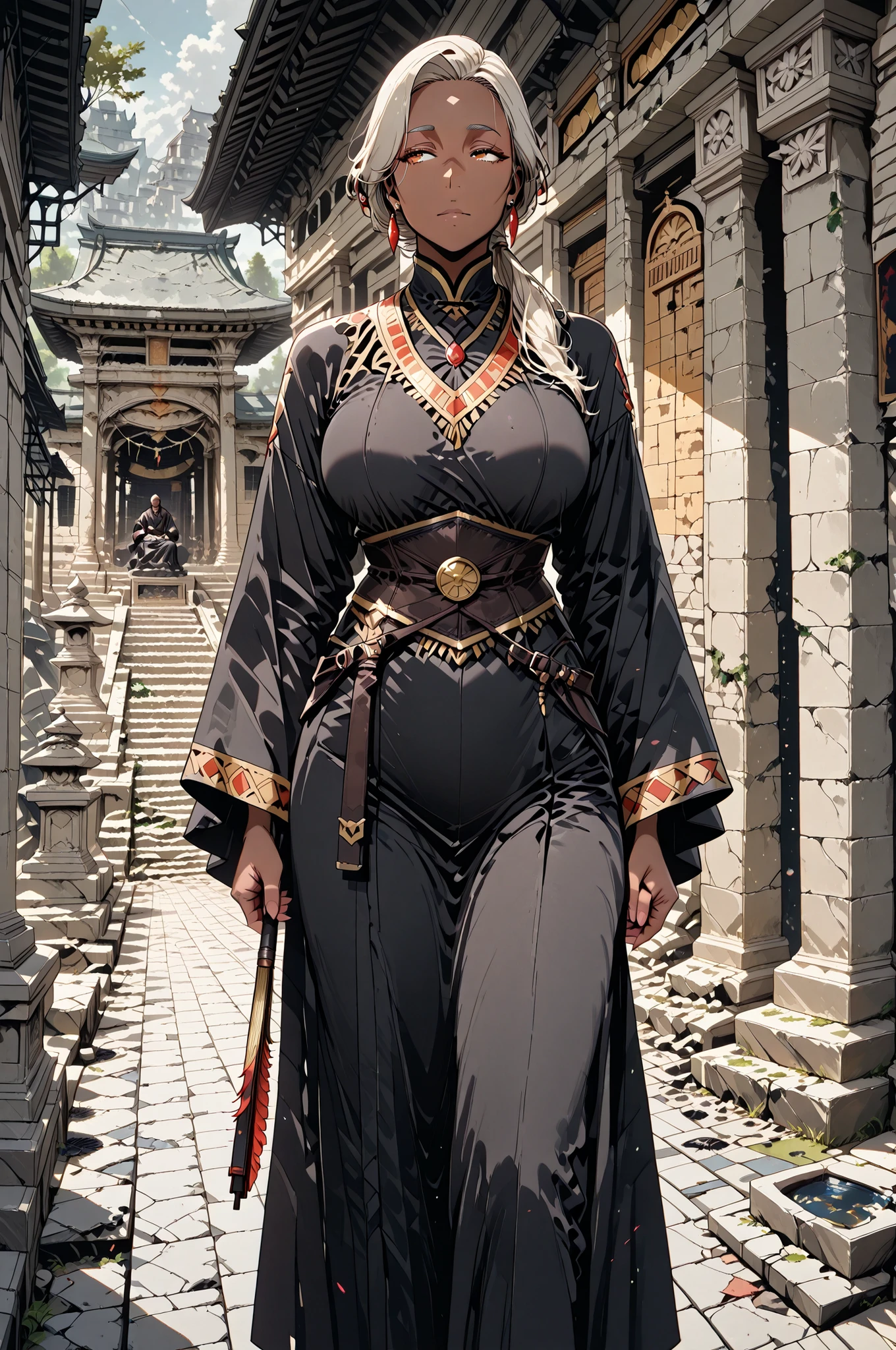 (masterpiece, best quality:1.2), highly detailed, solo, 1 man, mature man, half_age, african skin,artificer clothesand tools, temple ruins on background, fan art, 