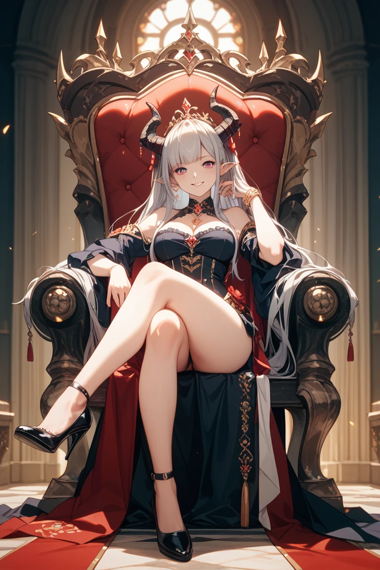 ((masterpiece)),(best quality), ((extremely detailed CG unity 4k wallpaper)),(cinematic lighting), (an extremely delicate and beautiful girl:1.3),face, fixed eye, (++silver hair++), pink eyes, long hair, jewelry,earrings, :d, maid, labrynth,
Large breast ,(Crystal chandelier), sitting on throne , horn ,outdoor ,hand over armchair, sitting , crossed leg in detailed, all body , from below