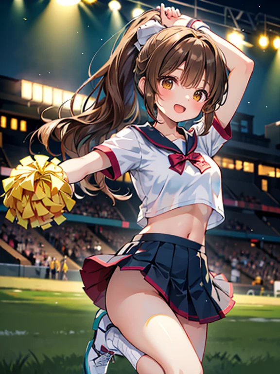 Ala Fed Asian cheerleader posing dynamically with large pom-poms in both hands in stadium、write、a closeup、cosplay foto、Anime Cosplay、tiny chest、Raw photography, top-quality, hight resolution, (masterpiece), (Photorealsitic:1.4), professional photograpy, foco nítido, nffsw, 8K分辨率, intricate detailes, depth of fields, the Extremely Detailed CG Unity 8K Wallpapers, front lit, girl with, beautiful supermodel, A smile、A slender、Mary Rose、Twin tail hair、Dense depiction、Korean style uniform、(posterior view)、Peeking from below、(skinny thigh)、I see underwear