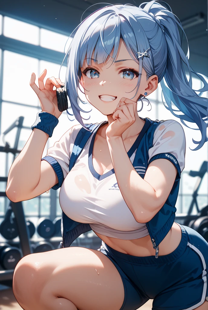 ((One girl)), masterpiece,Highest quality,High resolution、17 years old、cute、Sweat、Gym suit、blue bra、No sleeve、Tight fit、Sportswear、smile、medium perfect breasts、Outdoor, trained muscles belly, trained muscles
muscular girl