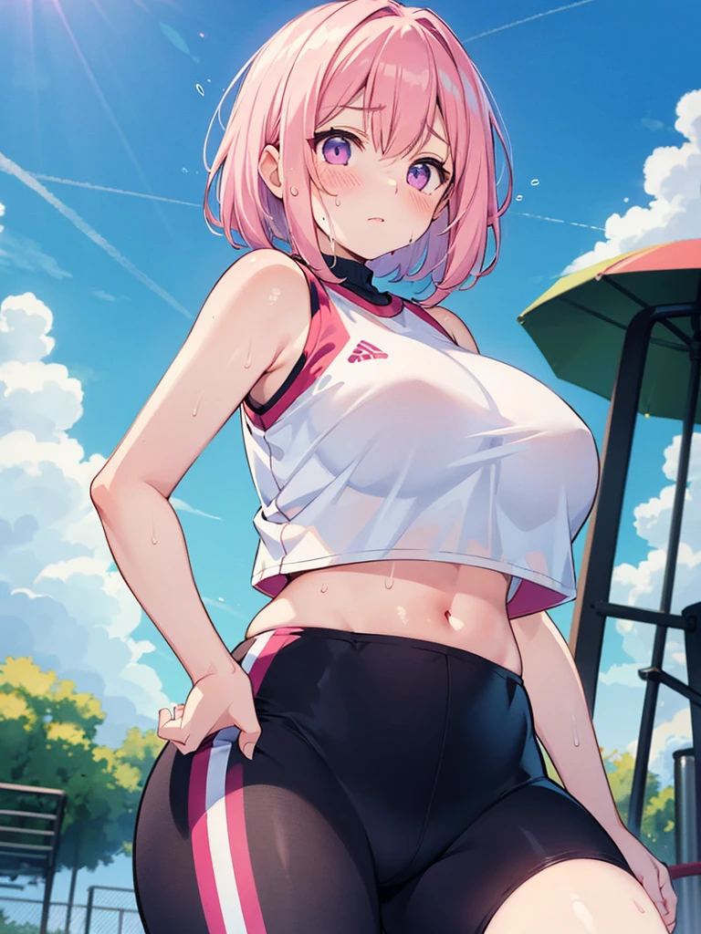 (((masterpiece))),(((High resolution)))、(((8K quality)))、(((Perfect Face)))、((Top quality eyes)), One Girl、24-years-old、Best Bust、Large Breasts、Cleavage、((underboob)), Beautiful Eyes、hot pink hair, ((Very Short Hair))、blue eyes, Paris Olympics、track-and-field arena、track and field athlete, Track and field uniform, wet body, Serious expression、Sweat、Dynamic Angle、Flying in the high jump、Flying High、spread legs、cameltoe,