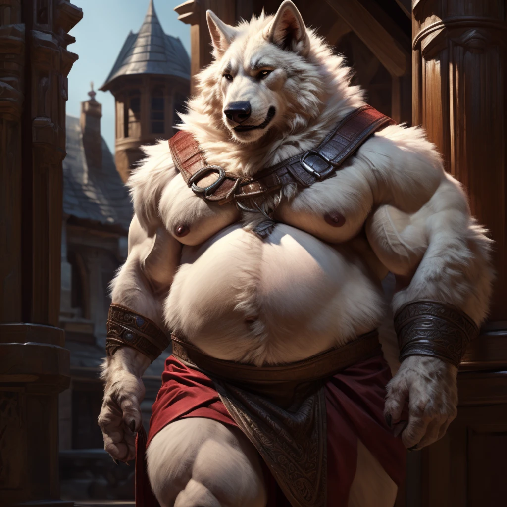Action scene Zootopia Castlevania anime, Brave Adventure in another world style, Character Desing, big obese, small clothing, He is a huge obese guy in huge obese weight gain process, character desing, detailed face, detailed eyes, detailed nose, defined face, big belly, high resolution settings, settings to fix face, high resolution settings, face fix settings, Whismical model, detailed eyes, detailed hands, muscle、male、male、Strong、Thick arms、Thick Chest、Massive abdominal muscles、Minimal costumes、loincloth、Warrior、carpenter、blush、Sweat、Heavy breathing