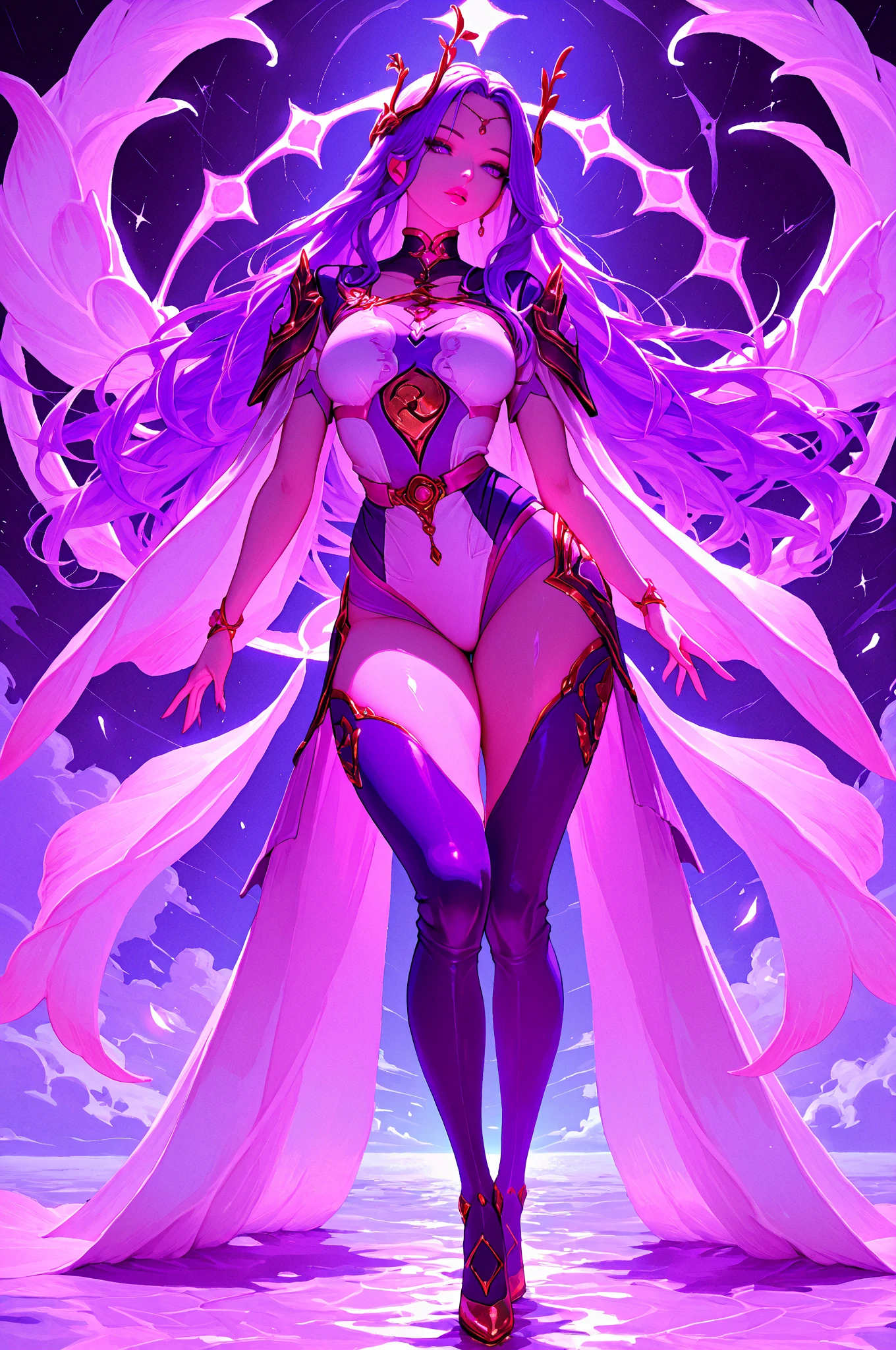 1 mature woman,(Highest quality,Extremely detailed depiction,Incredibly absurd high resolution,Anatomically accurate depiction,Curvy Legs),(Glowing Skin,Shiny skin),(Priestessess,豪華な白のPriestessessの服),eyelash,(His eyes are covered with a black blindfold,There is cleavage in the chest,Wicked Smile,Glossy Red Lips,Seductive gestures),Sweat,whole body,(background:A magnificent church with stained glass),Pink light