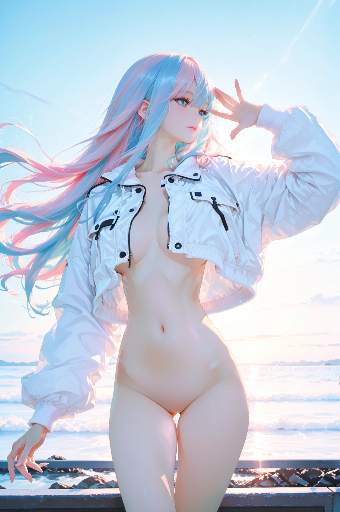 beautiful detailed girl, extremely detailed , beautiful detailed eyes, absurdres, incredibly absurdres, huge filesize, ultra-detailed, highres, extremely detailed,best quality ,masterpiece, illustration, an extremely delicate and beautiful, extremely detailed,CG,unity,8k wallpaper, Amazing, finely detail, masterpiece,best quality,official art,extremely detailed CG unity 8k wallpaper, (masterpiece, best quality,high quality, White skin, ,(realistic: 1.2), 1girl, solo, glasses, smile, open mouth, looking at viewer, long hair, blue eyes, wings, long sleeves, bug, bangs, jacket, white hair, sky,outdoors,((upper body)), ((Puffy lips, blue eyes)) (yellow hairs),((Breast exposed)),((nipple exposed)),((pink nipples)), (((full body)))
