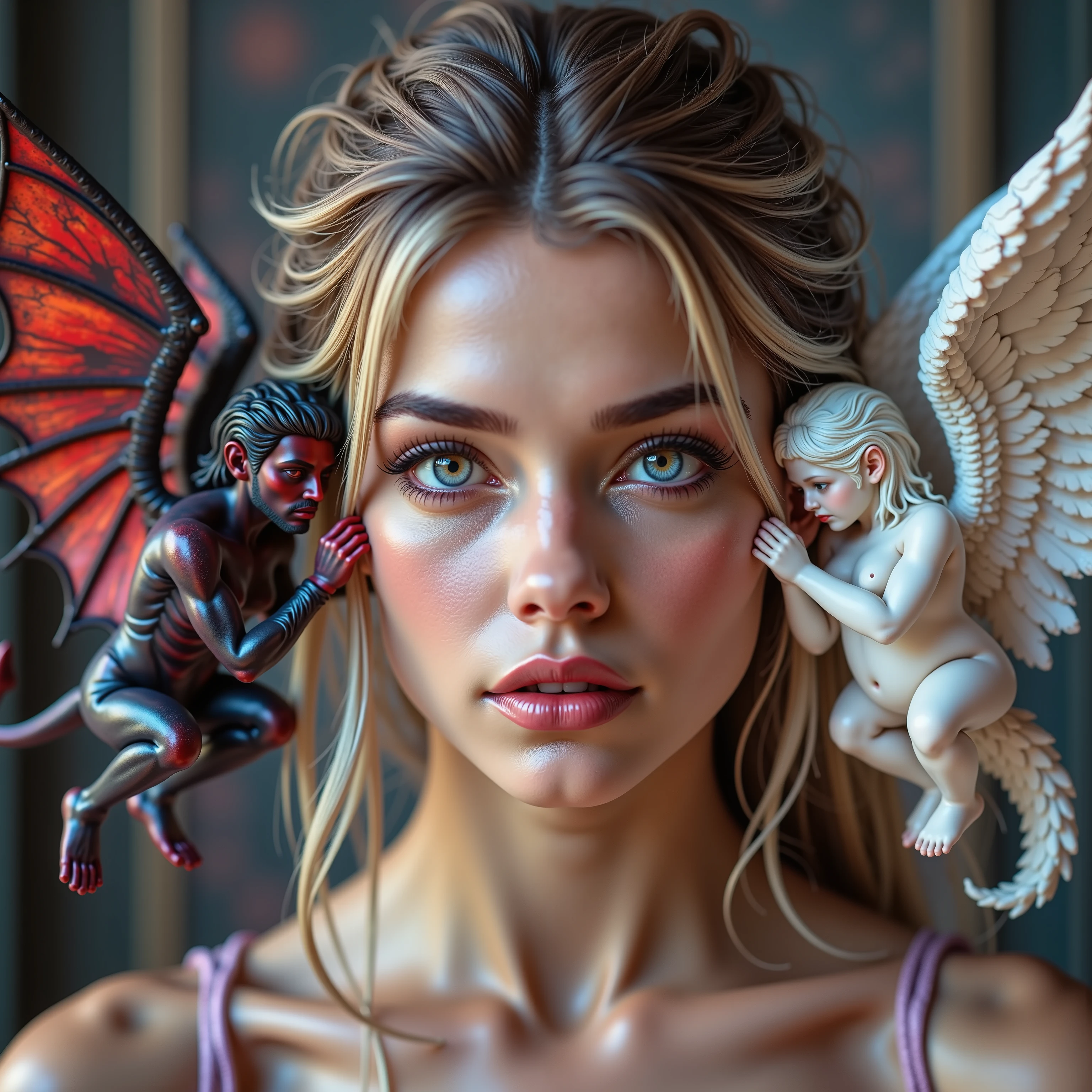 A beautiful, young, very attractive woman, macro photography, the classic scenario of a demon in the woman's left shoulder whispering into her ear, trying to persuade her to sin, constantly pushing her in the negative direction, and the angel on her right shoulder, being her conscience and reminding her to do what she already knows is right. Show them in the classic way, in miniature form hovering next to her head on each side, or sitting on her shoulder, speaking into her ear. Ultra-realistic, 8K, ultra-detailed, photo-realistic, cinematic lighting, cinematic photography, portrait photography, iconic characters, icon style, hyperrealistic, concept art style, surreal, whimsical scene, Intricate facial features, attention to detail, full focus, UHDR, highres, physically-based rendering, professional movie quality imagery, attention to detail on the eyes of all three characters, professional masterpiece.
