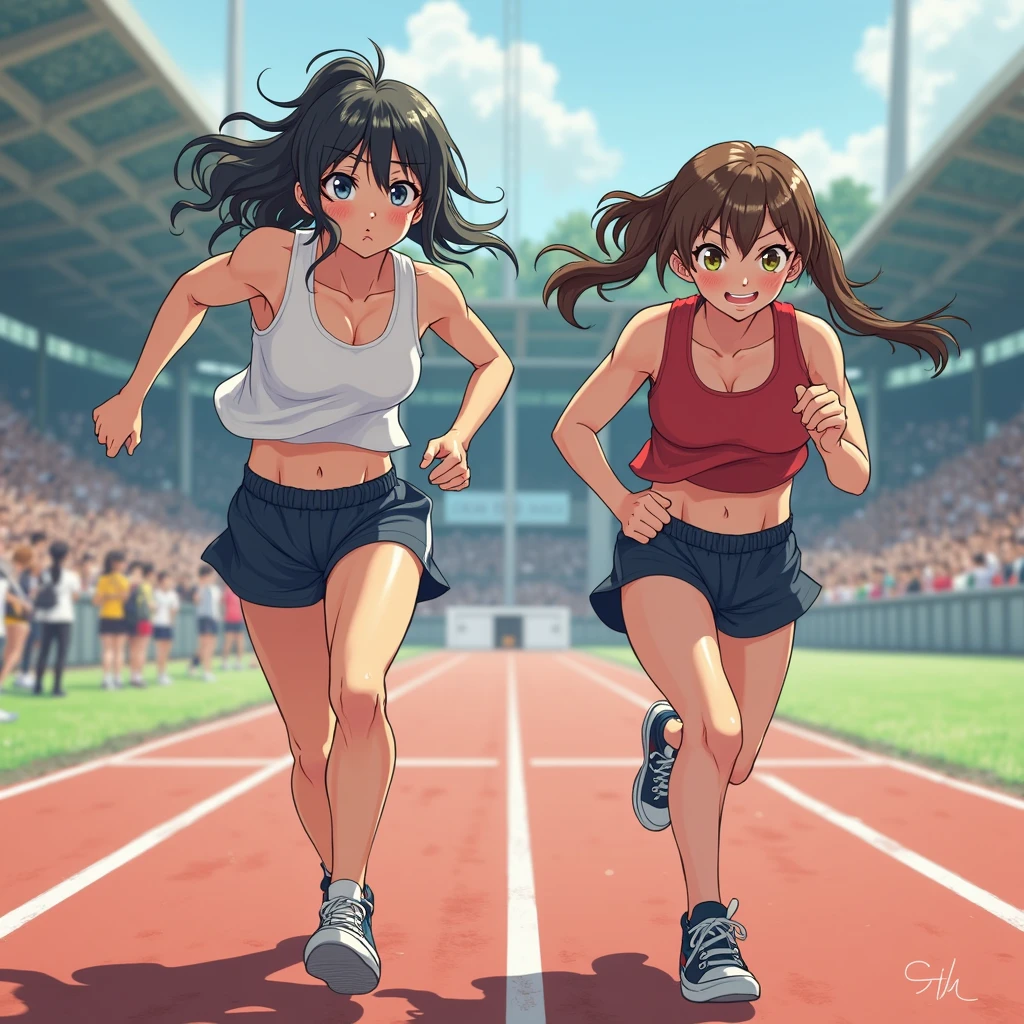 Masterpiece, Improved quality, High quality, Good anatomy, Well-formed hands, Healthy body, Intact fingers, Normal digits, 4k quality image, Girls, beautiful girls, white crop tank top, super mini pants, wet clothes, wet body, exhale, in road, running, in the morning, sun, cloud, the wind blows