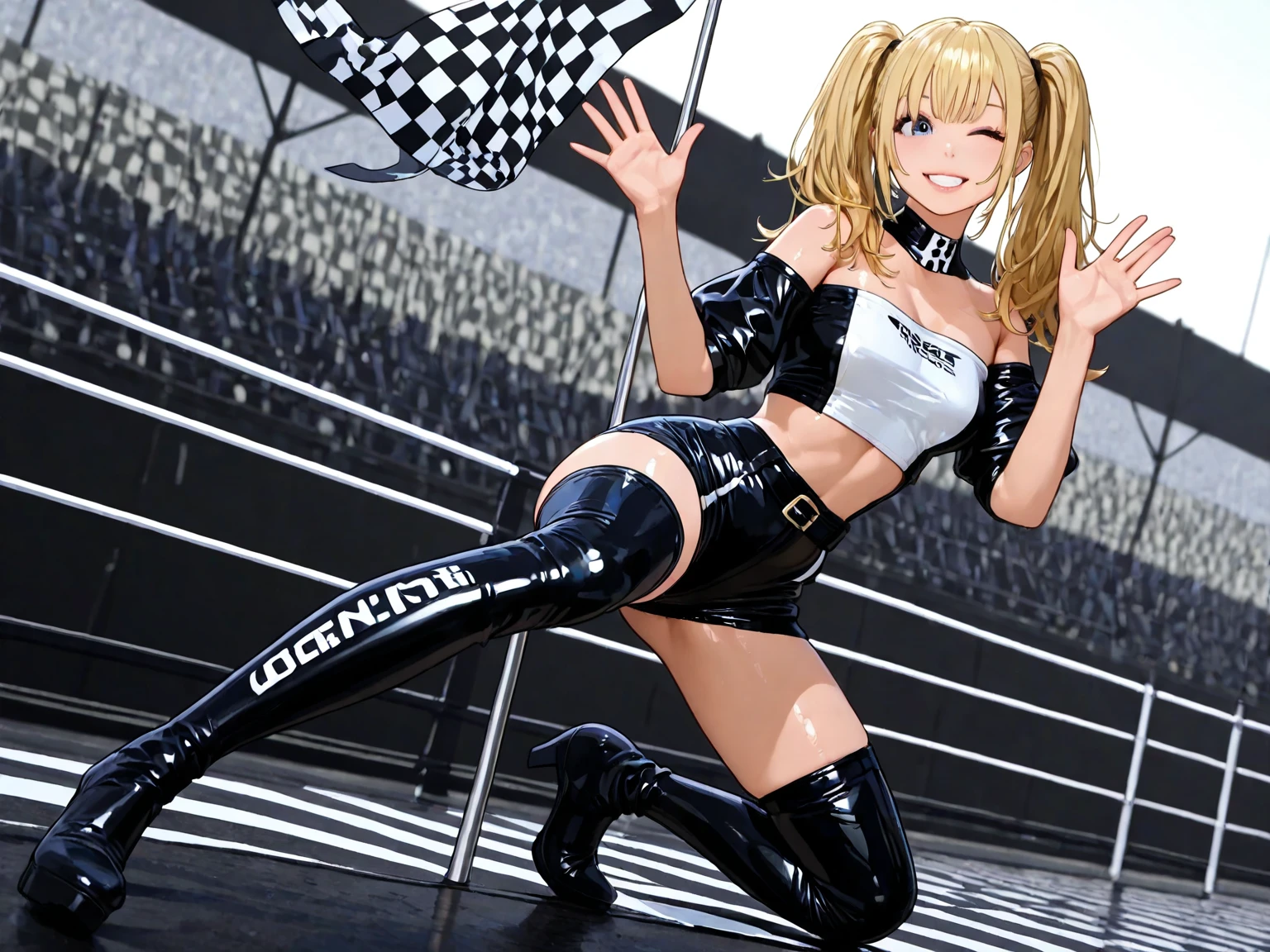 A beautiful woman with a tall body, long legs, huge breasts and a shiny riding suit standing at the race venue, seen from below