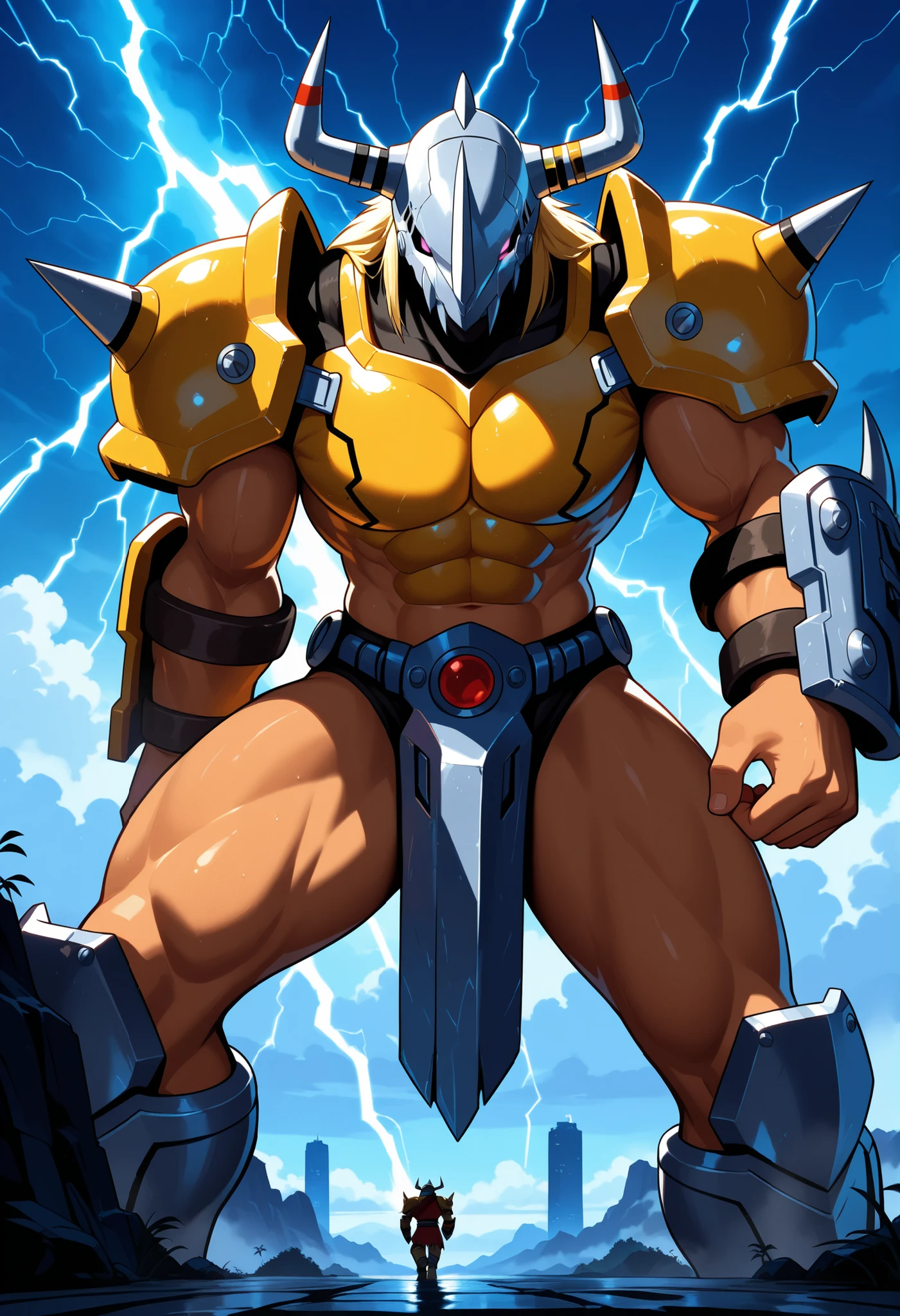 Wargreymon, black skin, blonde hair, , big biceps, big pecs