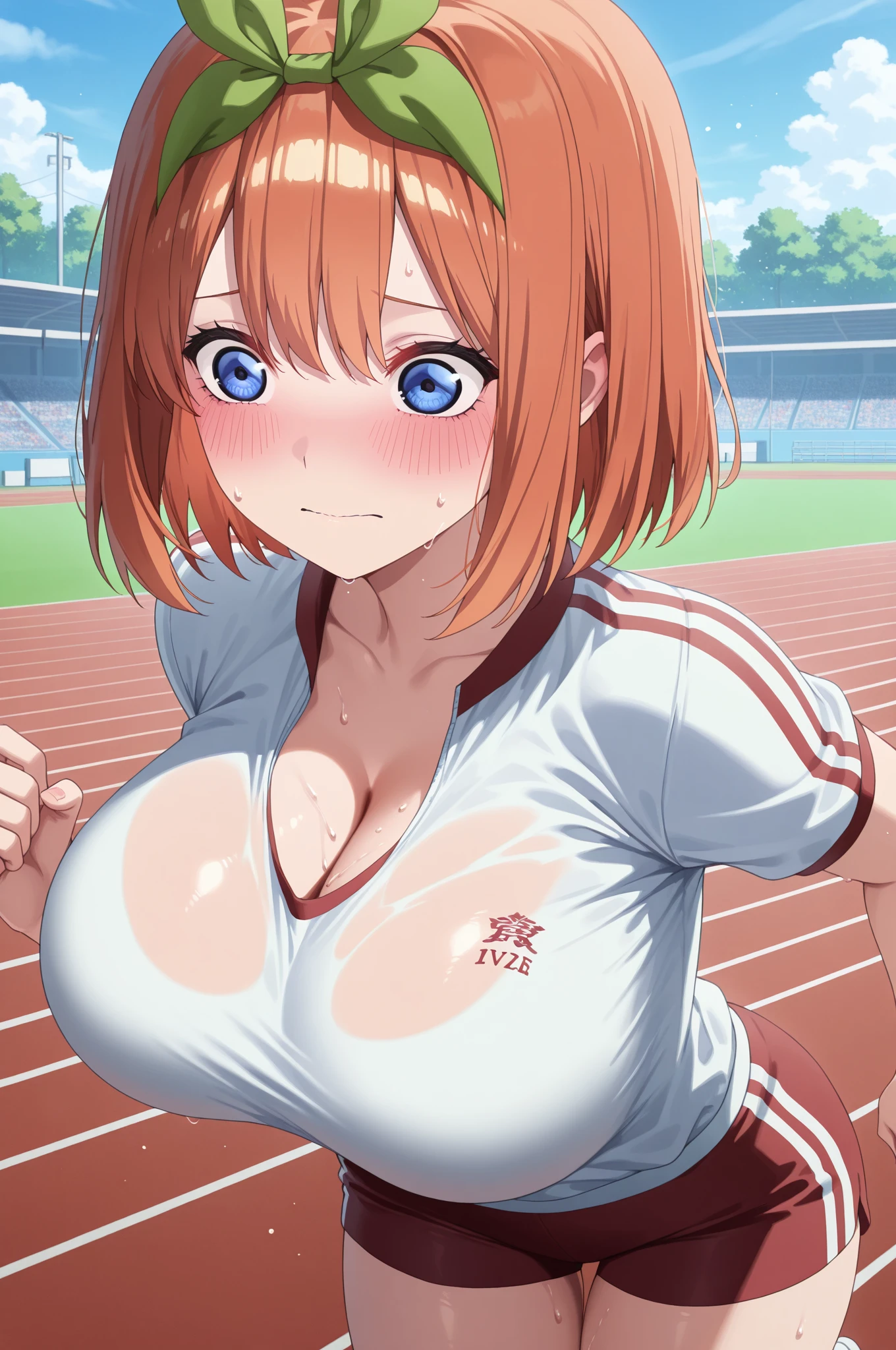 mastute piece,Best Quality,insanely detailed,8k cg,nsfw,
(shoot upper body:1.3),
(1girls:1.3),standing,looking at viewr,body in front,both arms behind back,(Running Bra、Running Shorts),(bare breasts:1.4),
break,
blush,shy,(trembling:1.2),(Red Hair:1.2),ponytail、
break,
perfect breasts,perfect teats,(open mouth:0.9),(large breasts:1.3),
(Athletics Stadium)、