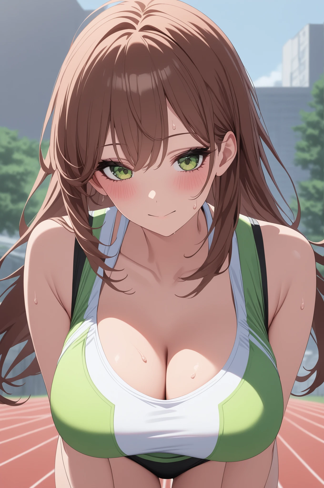 anime girl，university student，Big breasts，Close eyes，Smile，Half-length photo，Long brown hair，Green eyes，Yoga suit，Sweat on the face，Beautiful works of art，Anime style 4K，Art wallpaper 4k，A stadium full of people coming and going