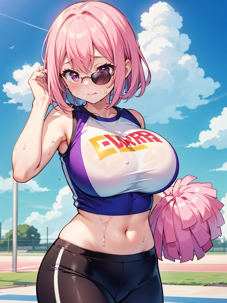 score_9, score_8_up, score_7_up, score_6_up, 1girl. big breasts, pale skin, facing viewer, blue eyes, purple hair, pigtail hairstyle, smirk, crop top, underboob, straps, blue pants, baseball cap, white background, earring, confident, hands on hips, exposed midriff