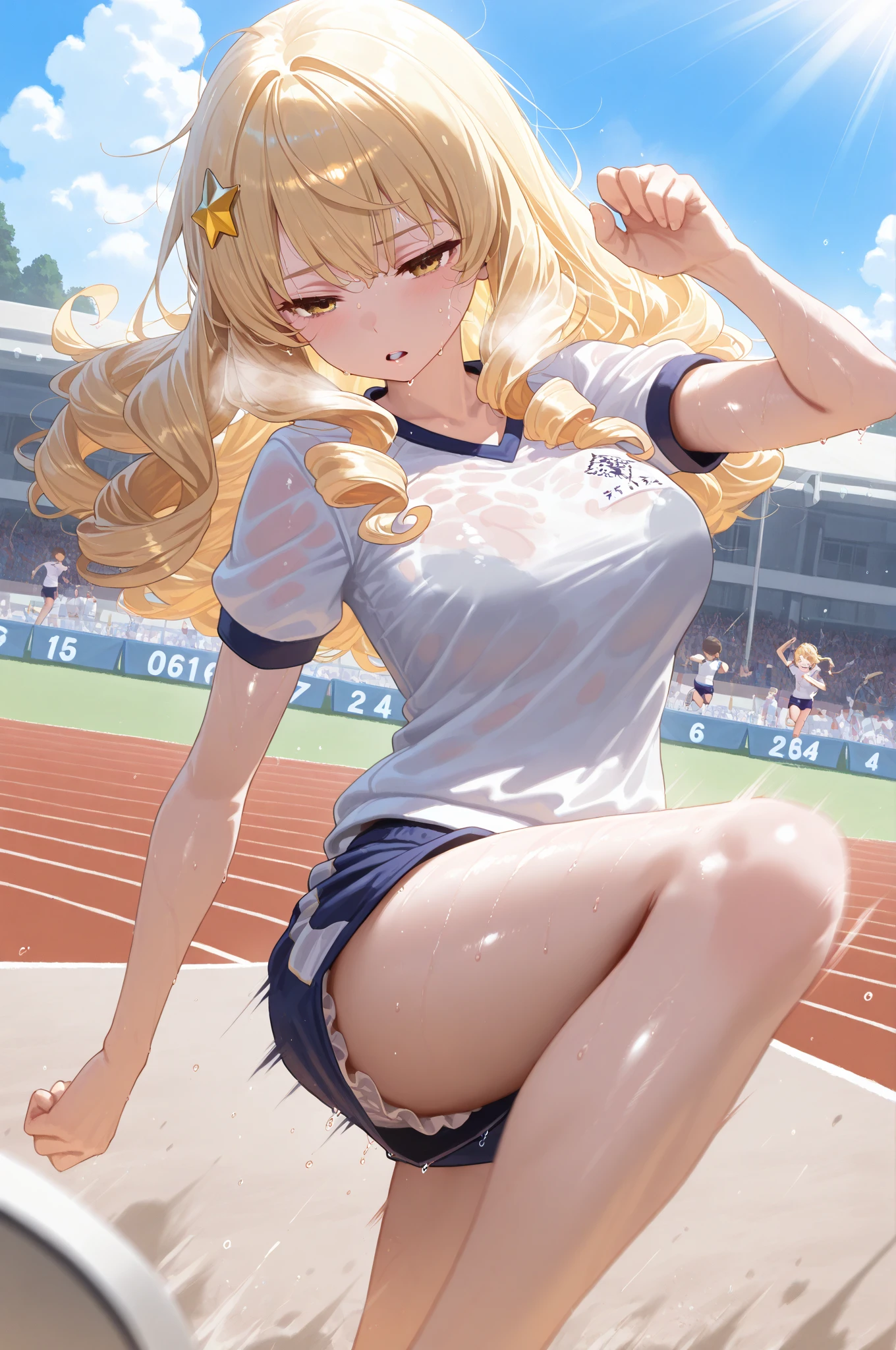 absurd, masterpiece, ultra-realistic image quality, real person, a very young girl, cute. cute-elegant pose, best quality, realistic, hyper-detailed, (shiny, sweaty skin: 1.4), slim, looking at the viewer, 1girl, 11 to 12 years old, solo, off-the-shoulder top, (sleeveless top with bare belly: 1.5), white sneakers, (very short white mini skirt: 1.85), long hair, blonde hair, (green eyes: 0.5), dynamic lighting, high resolution, sharp focus, depth of field, small flat breasts, HD image quality, realistic image quality,  clean face, fair skin, slim legs, realistic face, (perfect face), exquisite face, ultra HD rendering, accurate textured skin, high details, high quality, very detailed, high resolution, 8k, photo, photography