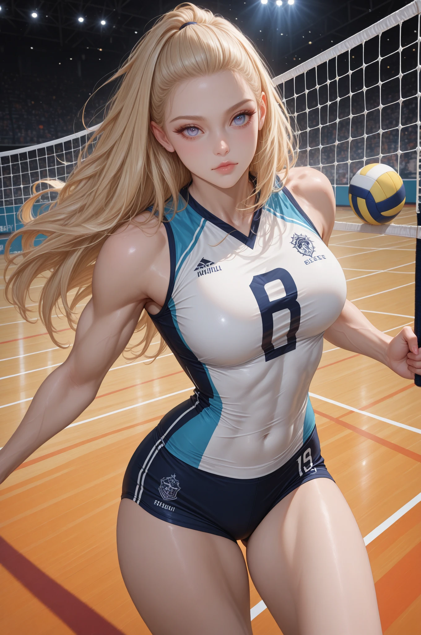 (Photoreal: 1.4), (Hyper-realistic: 1.4), (Realistic: 1.3), (Smooth lighting: 1.05), (Improved cinematic lighting: 0.9), 32K, 1 girl, 20 year old girl, Realistic lighting, Backlight, Face Light, raytrace, (Whitening light: 1.2), (Image enhancement: 1.4), ( Top quality real skins: 1.4), Narrow eyes, Fine face, Narrow eyes, (Body Line Mood Increase: 1.1), Oversized breasts, Big, (Skin Texture Enhancement Beauty: 1.1),Volleyball uniform:1.4, Indoor_Volleyball_court_Background:1.4, thighs thighs thighs thighs, Protruding , Crotch