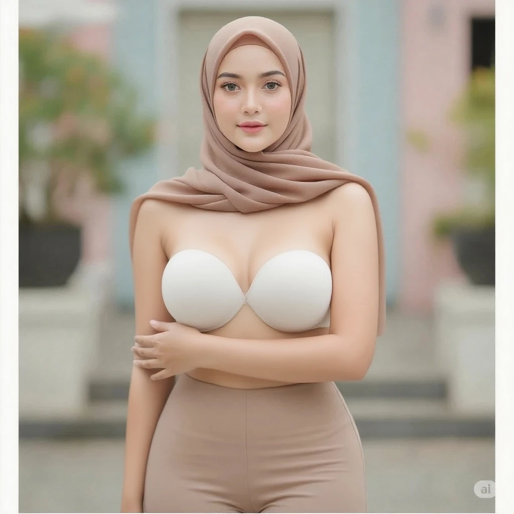 (iu:0.8),((small breast)), RAW, Best quality, high resolution, Masterpiece: 1.3, Beautiful glasses javanese woman in translucent hijab, Masterpiece, Perfect slim body, Beautiful big eyes, Soft smile, Wearing sports bra and shorts, glistening skin