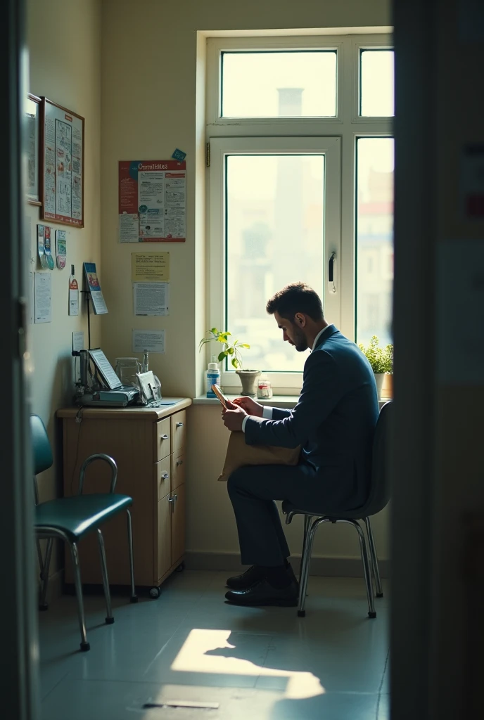 A man in a shirt，Carry a backpack，At the door of the doctor's office in the hospital，Sit on a hallway bench and wait，Head down and play with your phone