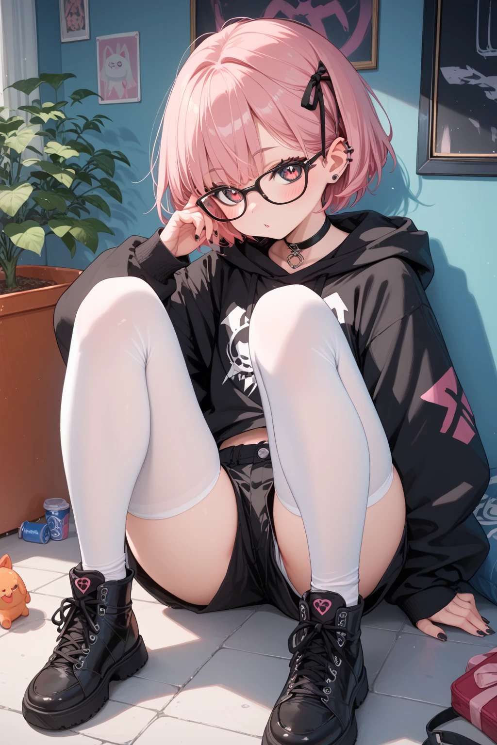 I have white pink hair, cat ears, a bun, my face is super blushing, black glasses, pink heart eyes, a big pink sweatshirt, a black skirt, black stockings, white shoes, a cat's tail, a girl. Very shy