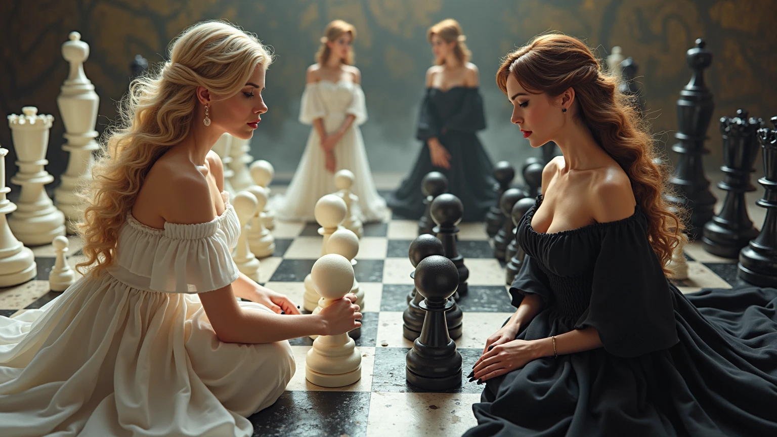 Two girls playing chess ,one blonde girl in a white dress, the second brunette girl in a black dress, sitting at the table looking at the chessboard, thoughtful faces , slender legs 