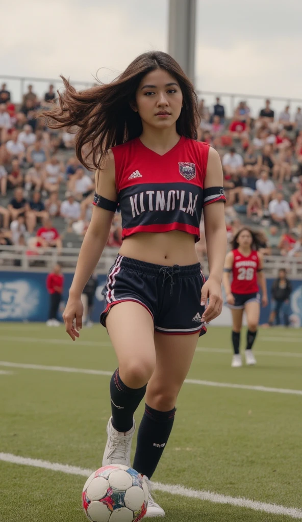 Handsome and cute teenage korean boy singer idol 17 years old,sad face,red beret,red transparent underwear, brown socks, shoes, sunshine day, many friends in background , standing on grass field in football stadium