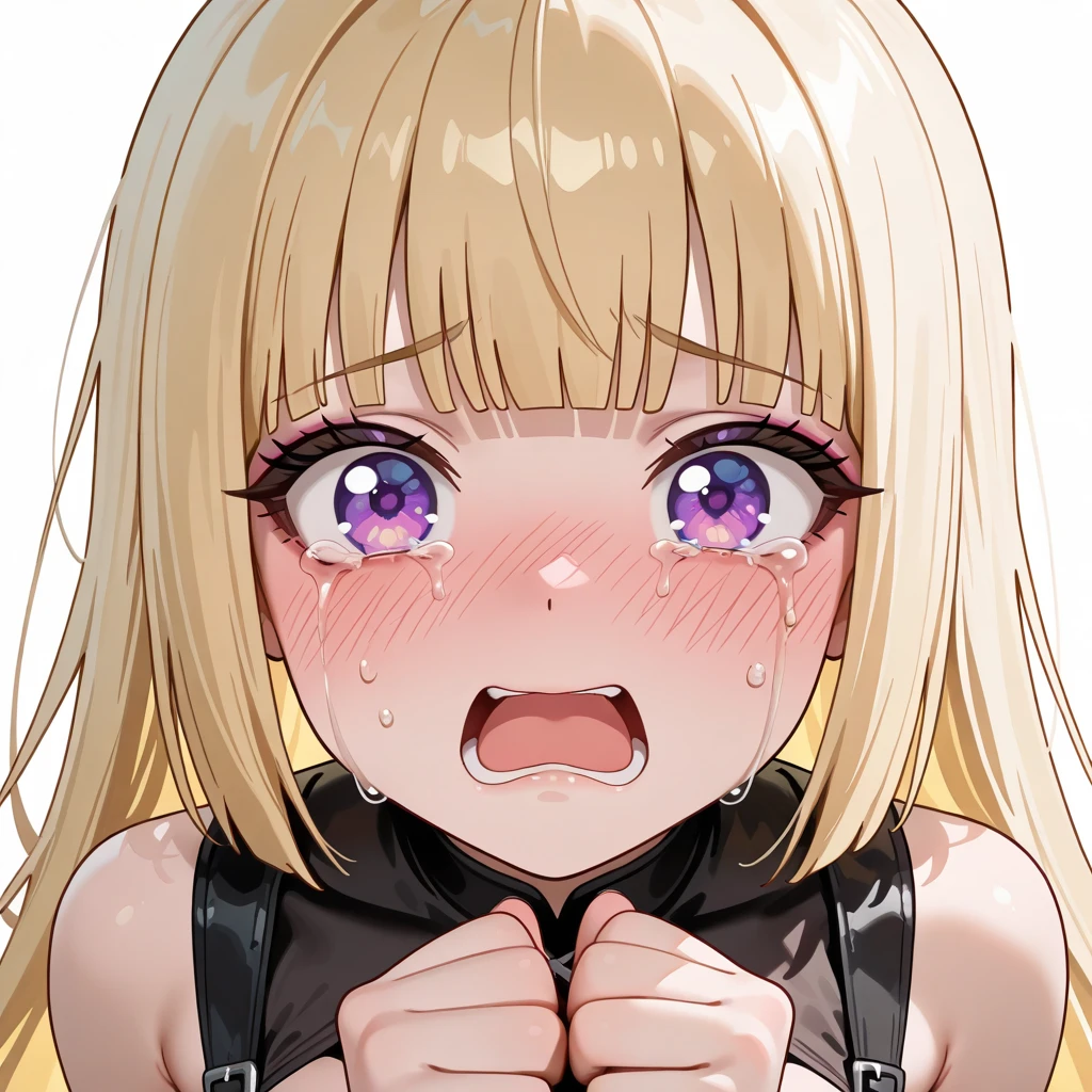 masterpiece, absurdres, 1girl, Lucy heartfilia, length hair, floating hair, blonde hair, large breasts, breasts out,Bound, Bondage, (arms behind back:1.4), BDSM, tape, TAPE BONDAGE, close-up, srestrained, best anatomy, Curled up, embarrassed face, shout, closed eyes, screaming, Upper body, blushing face, humiliation, desperate, (front), (men touching her), holding hair, pov hand pulling hair, hair played