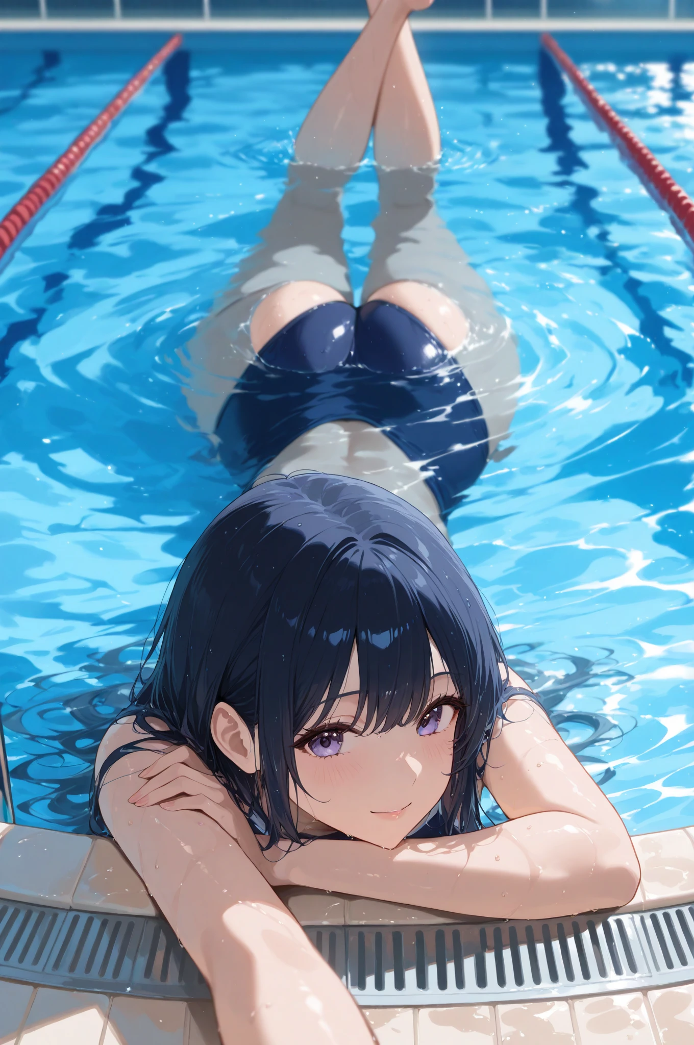 One Girl、Big Breasts、Navy blue one piece swimsuit、nightのプール、School swimming pool、Chest-deep in the pool、Wet Hair、Wet body、Moon reflected on the surface of the water、Starry Sky、night、Watching the audience、