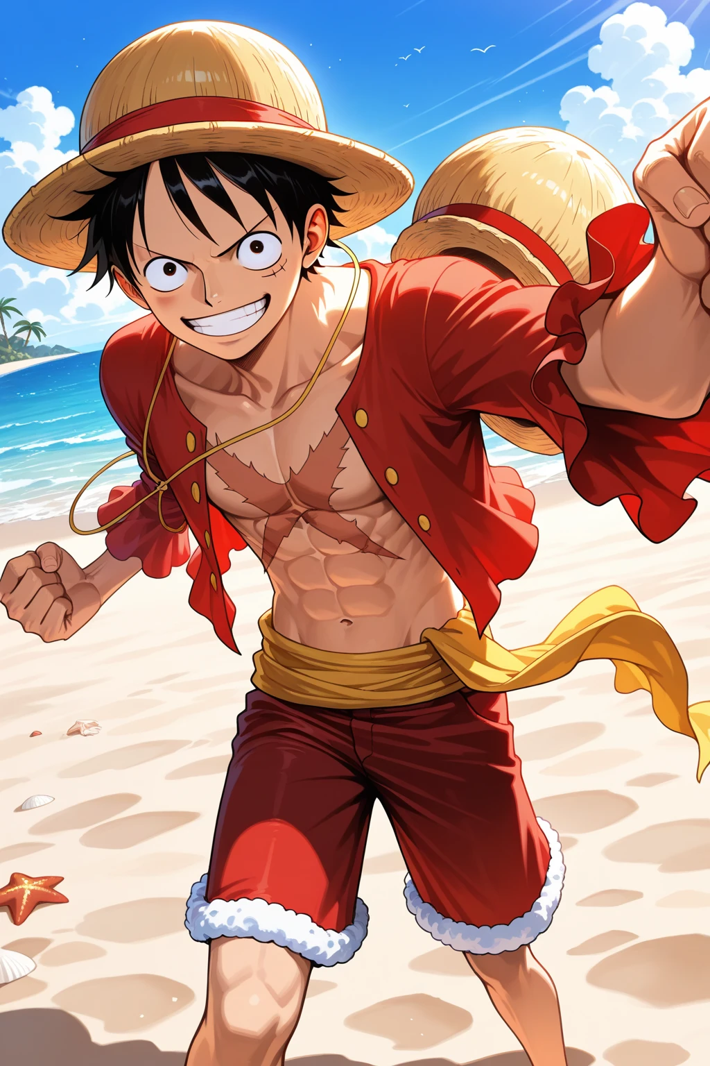 3D illustration(((Detailed))), Japanese anime「one piece」the protagonist of, Monkey D. Luffy, Armed with the latest protective gear, Beach sandals on your feet(((must)))The outline glows like a neon light, Running through a collapsing research facility in the dark, A dynamic appearance