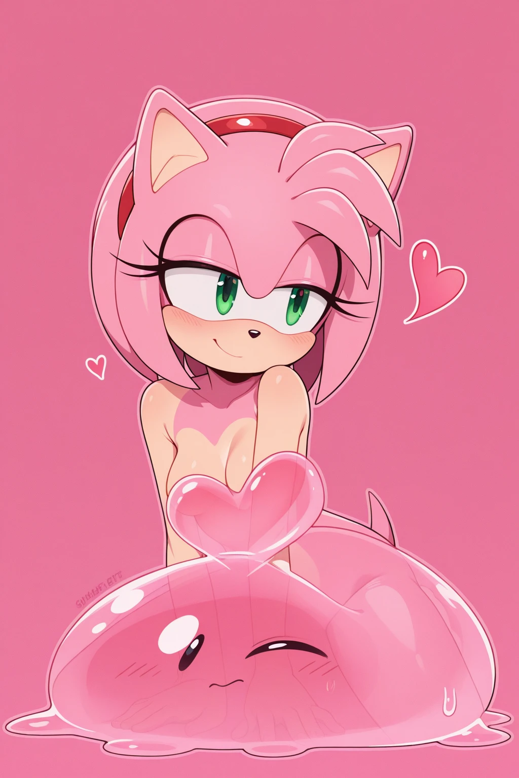 score_9, score_8_up, score_7_up, amy rose, sonic \(series\), 1girl, solo, portrait, looking at viewer, red dress, pink gradient backgroud, heart pattern background, sitting down, spreading legs, squinted eyes, seductive expression, biting lower lip, pussy exposed, juicy pussy