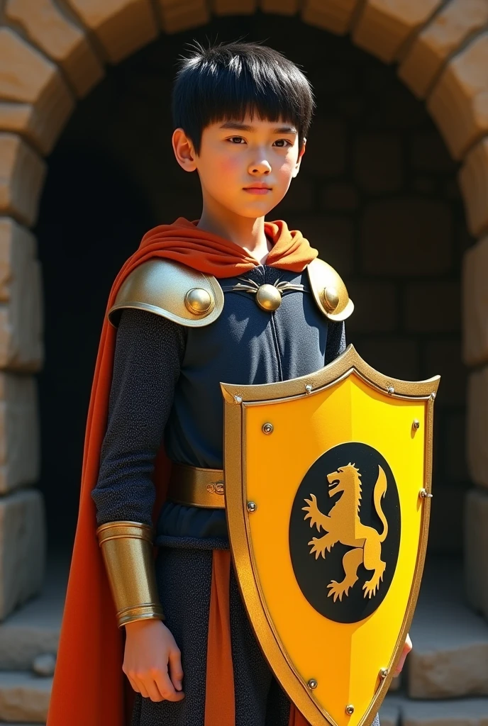 Shota with an imposing presence. His half-naked armor, forged from obsidian and gold, clings to his sinewy frame. Red gemstones blaze like malevolent eyes across his chestplate. A circlet rests upon his brow, marking him as both ruler and tyrant. His cape, crimson as spilled blood, billows behind him—a dark banner of conquest.