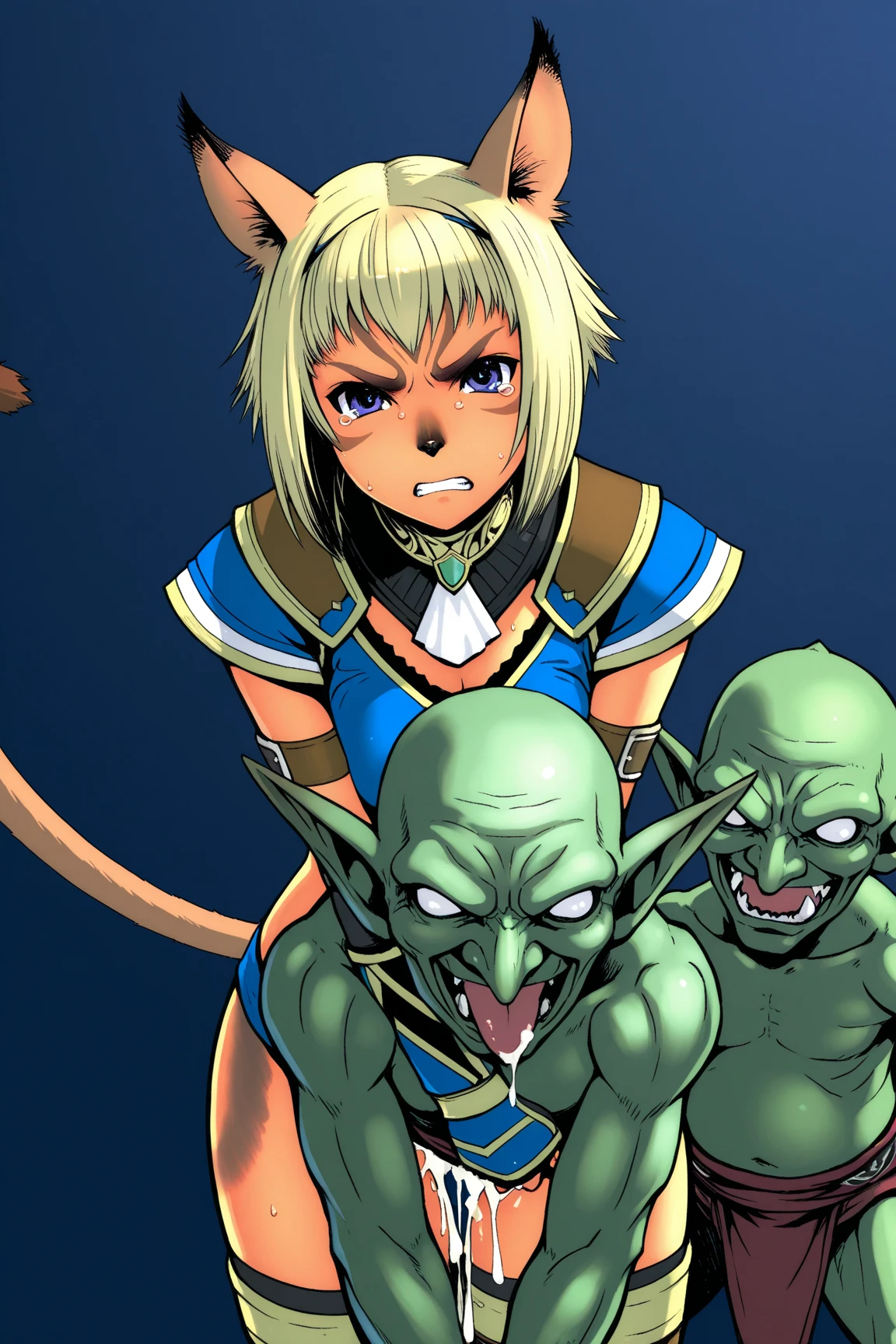 score_6_up, score_7_up, score_8_up, score_9, masterpiece, high quality, olsaisha, aisha_clanclan, dark skin, dark-skinned female, cat ears, bell, animal ears, fang, medium breasts, smirk, half-closed eyes, flexing,