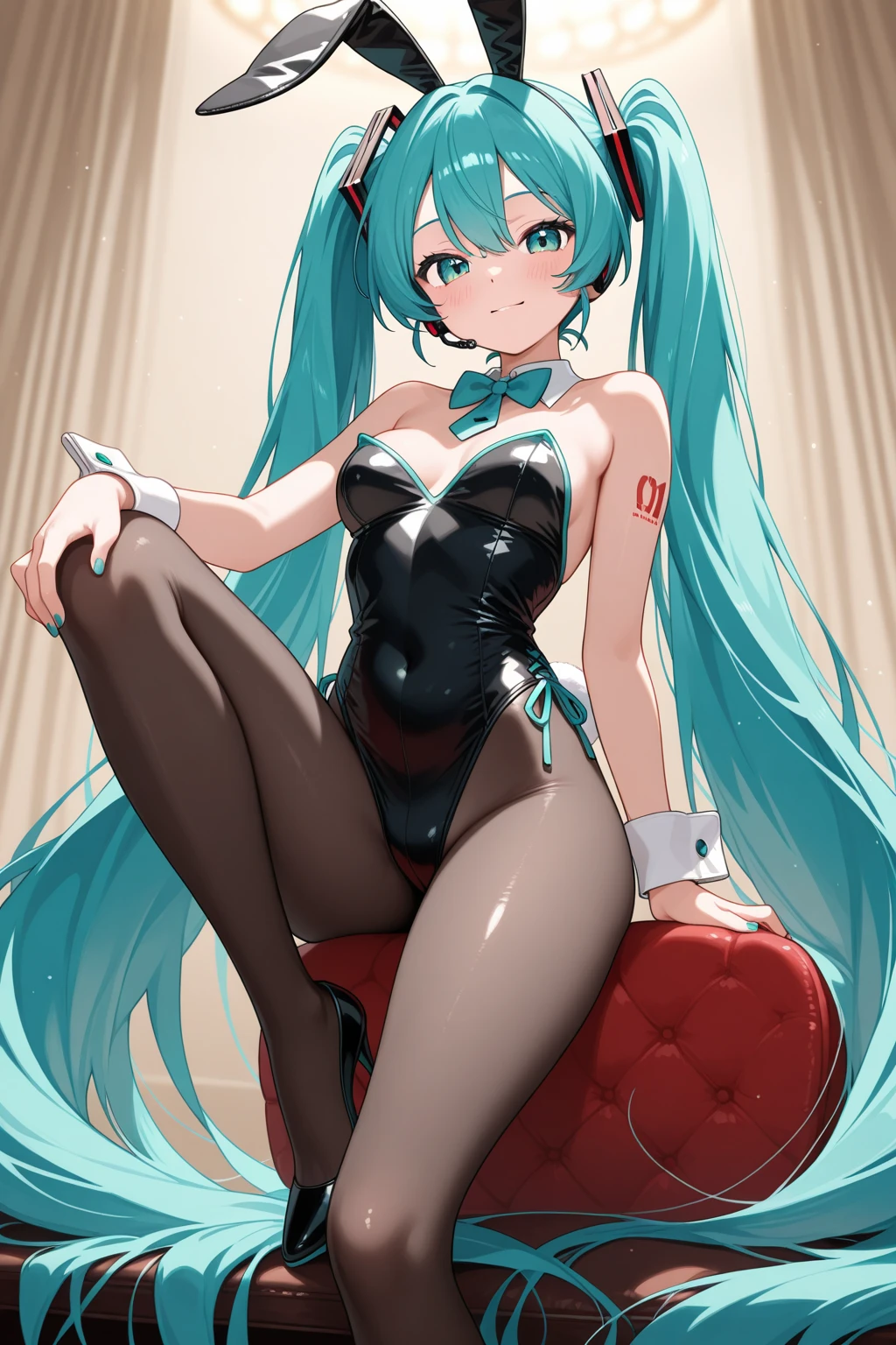 (masterpiece), anime, 1 girl, young, pale skin, Long high twintails, long eyelashes, collarbone, teal hair, teal eyes, black bunny girl, leotard, cameltoe, choker, smug smile, thighs, nightclub