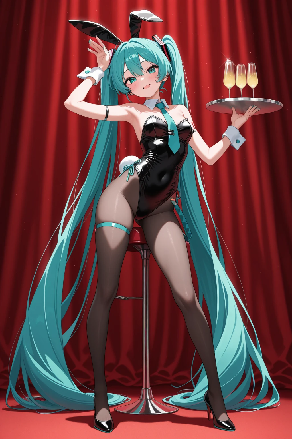 lynn minmay, 1girl, solo, twin drills, blue hair, standing, full body, playboy bunny, in casino, photo shoot, fishnets,