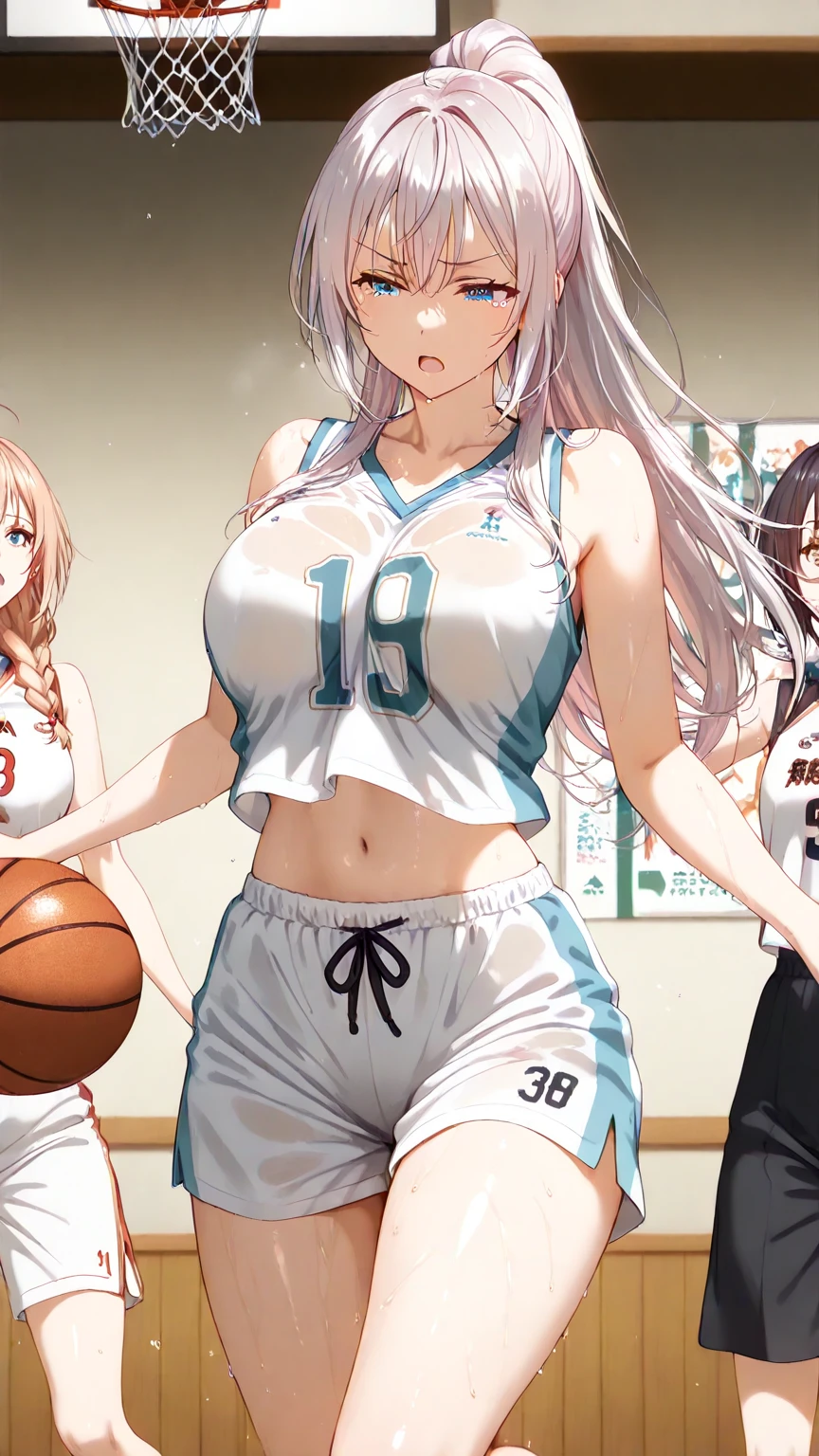 masterpiece, 2 girls, big tits, hourglass figure, basketballs shorts, thick, blonde, seductive eyes
