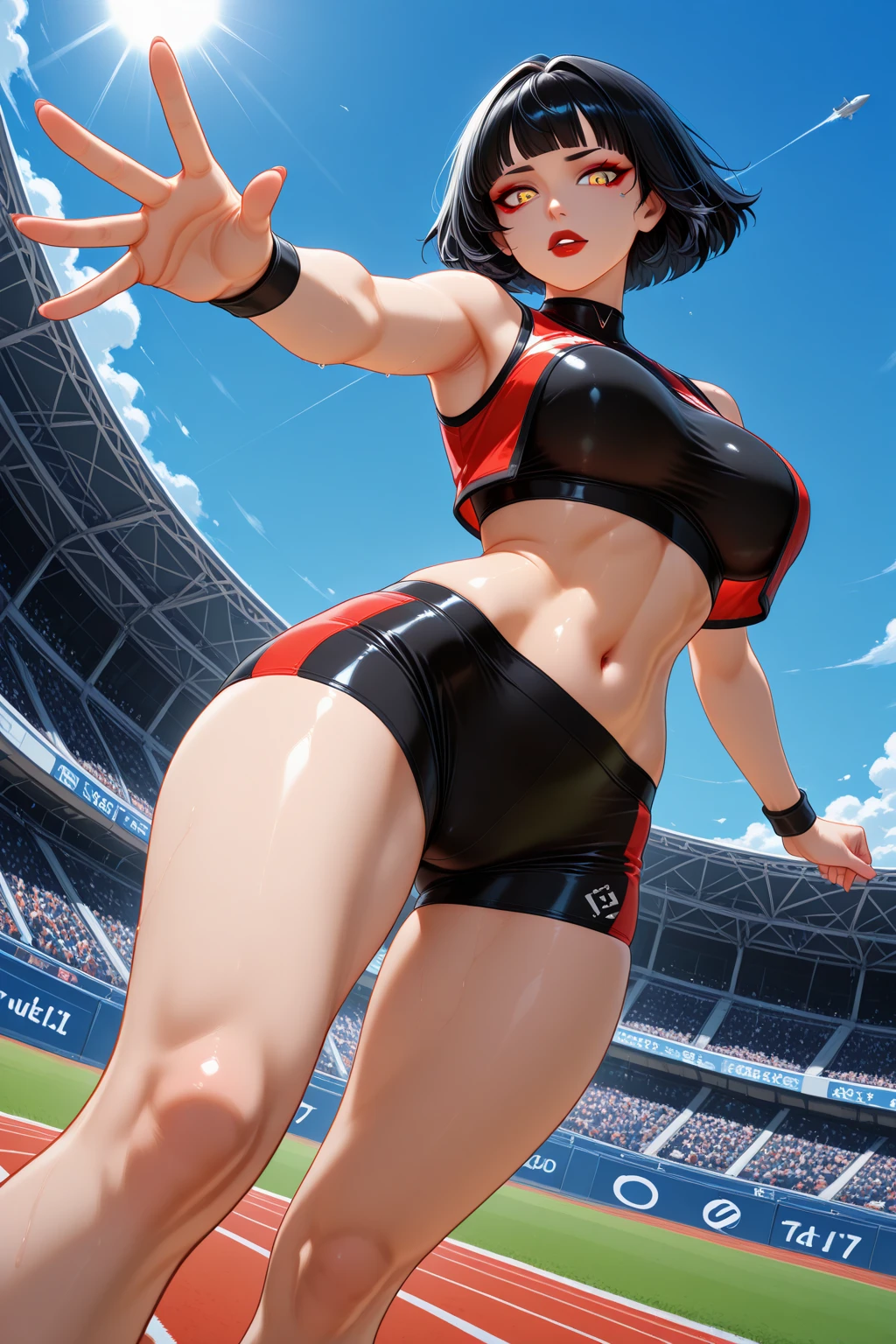 a beautiful sexy girl, short red hair in a pixie cut , wearing a white croptop, studded ears, (underboob), bare midriff, black boyshorts, from behind, posing on a soccer field with a stadium in the background, (best quality,4k,8k,highres,masterpiece:1.0),