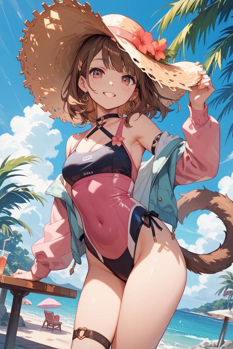 anime girl in a bikini on the beach with a cat tail, realistic bikini, commission for high res, Overwatch tracer in a bikini, full body:: sunny weather:: full body portrait of a short!, standing at the beach, on a sunny beach, at a tropical beach, at the beach, full body commission for, in the beach, posing on the beach