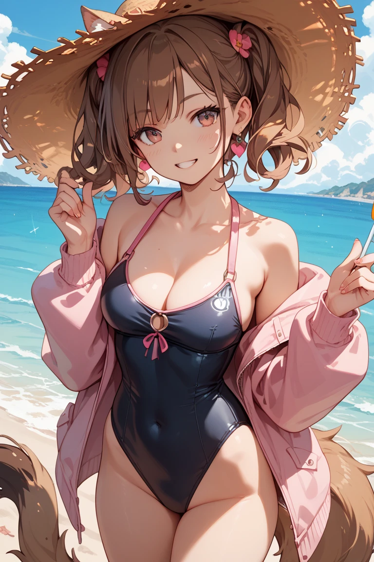 2d, masterpiece, best quality, anime, highly detailed eyes, highly detailed face, highly detailed background, beach, perfect lighting, cowboy shot, feet out of frame, 1girl, solo, korone, inugami korone, hololive, virtual youtuber, brown eyes, brown hair, dog ears, dog tail, dog girl, low braid, twin braids, hair ornament, one-piece swimsuit, smile, open mouth