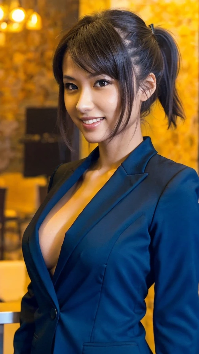 ((Highest quality, 8k, masterpiece:1.3)), Upper Body, Sharp focus:1.2, Beautiful woman with perfect figure:1.4, Slim Abs:1.1, ((Short Bob, Big Breasts:1.2)), はち切れんばかりのBig Breasts, Slim and toned waist, Soft big ass, Smile at the audience:1.2), Highly detailed face and skin texture, Detailed eyes, double eyelid, Ultra High Resolution Glossy Lips,1. Beautiful Japanese Women, Wear a well-fitting business suit,Clothes with a shiny texture, （Light grey suit）,Build Muscles、(Costumes are single-colored only:Light purple) ,Bodyline, Super tight costume,Tight Skirt,A business shirt that shows off cleavage, Outdoor, (Business district, City of night, illumination),