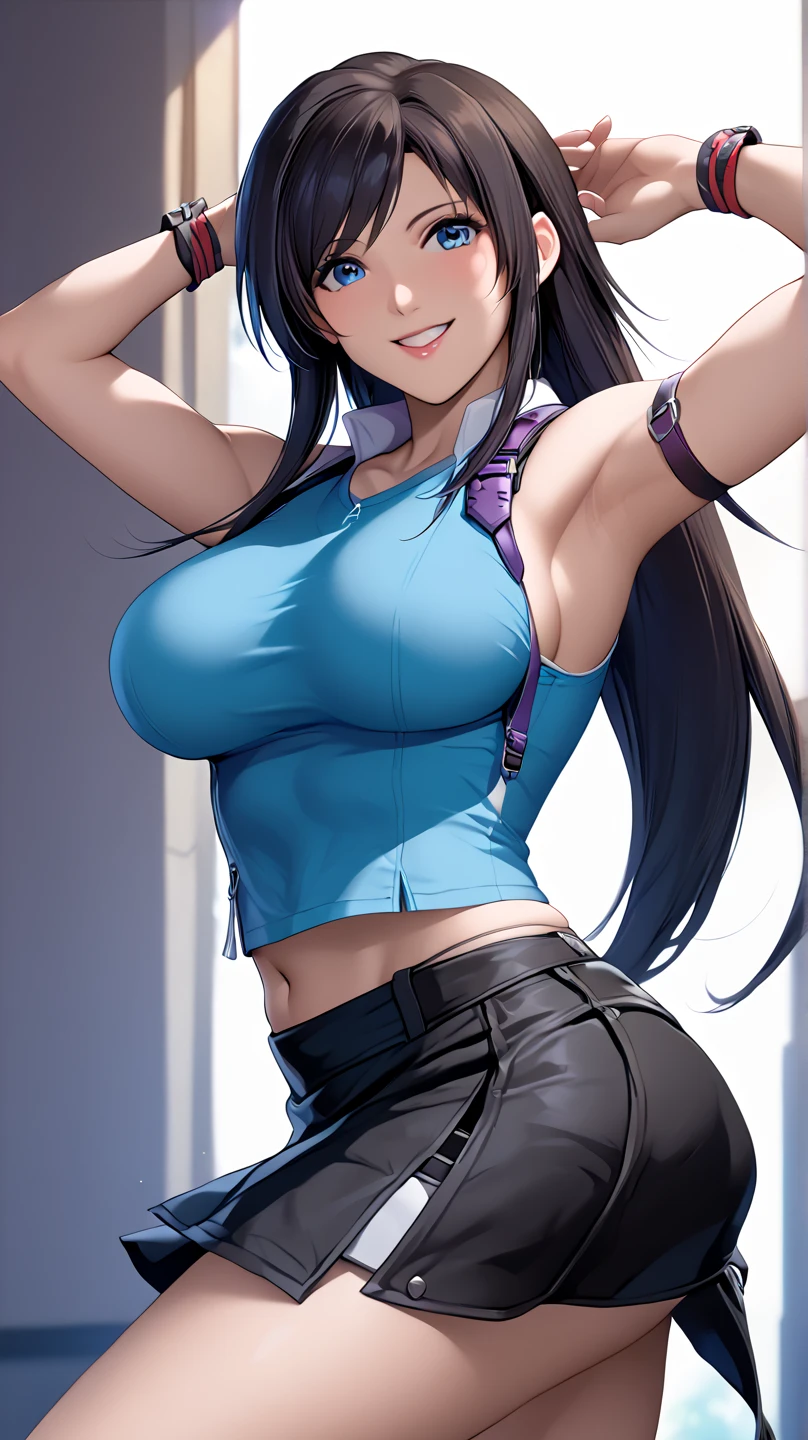 masterpiece, best quality, very aesthetic, absurdres, 1girl, mature_lady, skin_colored_bodysuit, ,kanu_unchou(ikkitousen), antenna_hair, black_hair, blue_eyes, hair_over_one_eye, long_hair, low-tied_long_hair, large_breasts, midriff, tan, underboob,,in the canyon,fog,dark,floating droplets of water