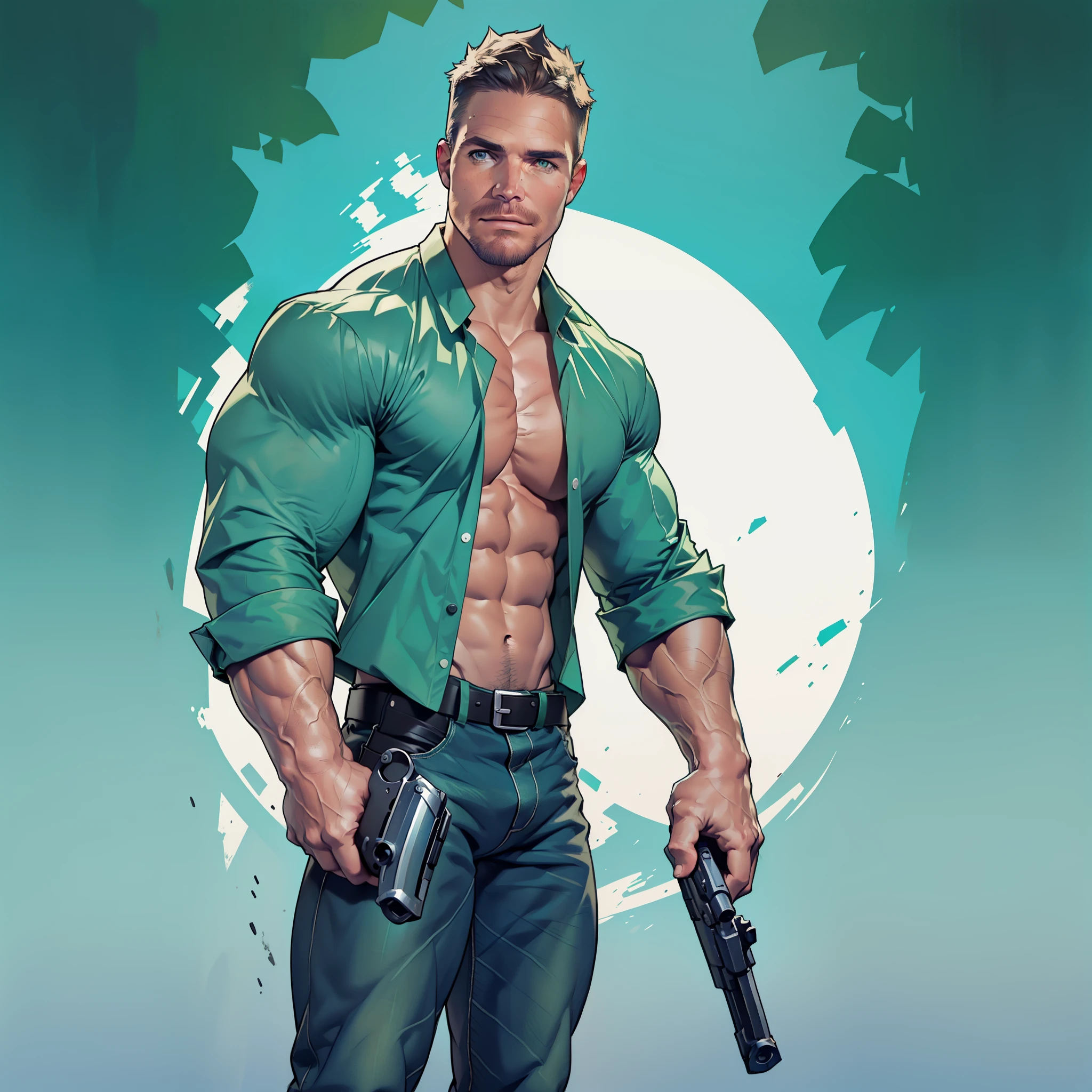 masterpiece, best quality face, natural eyes, macho man,, muscled and mature, stephen amell as a green arrow wearing totally unbuttoned  pants , shirtless , showing nipples ,sweating, tight cloth showing his muscles and bulge,short hair, short facial hair , short beard , short moustache,  quiver on his back , bow in his hand  , full body , background city at night , in action