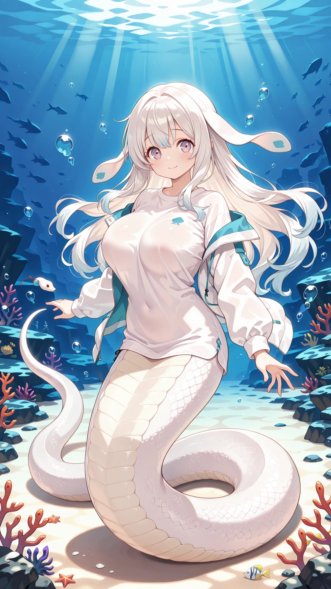 masterpiece, best quality, HD, ultra-detailed, vivid colors, Pokémon Vaporeon, Blue Eevee, Water pokemon, Shiny pokemon, (furry:1.35), humanoid, humanization, anthropomorphic, ((on 2 legs)), beautiful detailed purple eyes, big purple eyes, Sea and beach environment, water palette, blue fish tail and thin ((mermaid yellow colored ears)), ((white inside ears)), detailed (deep heavy blue) hair color, beautiful ((long hair)), ((detailed deep blue colored swimming dress:1.35)), ((white cloth neckband decoration, blue water color pendant)), shiny rainbow soap bubbles floating around, Action funny Pose