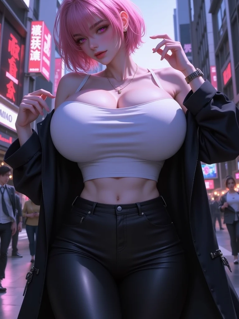 sfw, (RAW Photos, best qualityer, Masterpiece artwork:1.2), (real, photo-real:1.4),(Masterpiece artwork:1.4),(best qualityer:1.4), ((cyberpunk girl)), ,Short white shirt with wide neckline，Jacket with open hood and fur trim，red miniskirt，((dynamic poses)), (((cyberpunk city street background))), hair intake, ((long shapeless hair)), looking ahead at viewer, he used to smile, (((thicc thighs gap))), thicc thighs, pretty long hair, multicolored hair, Alice \(to wave\),(Bright and radiant skin),real., wearing bra,((Waist slender)), young asian, ((large breasted)), motando em uma super moto..