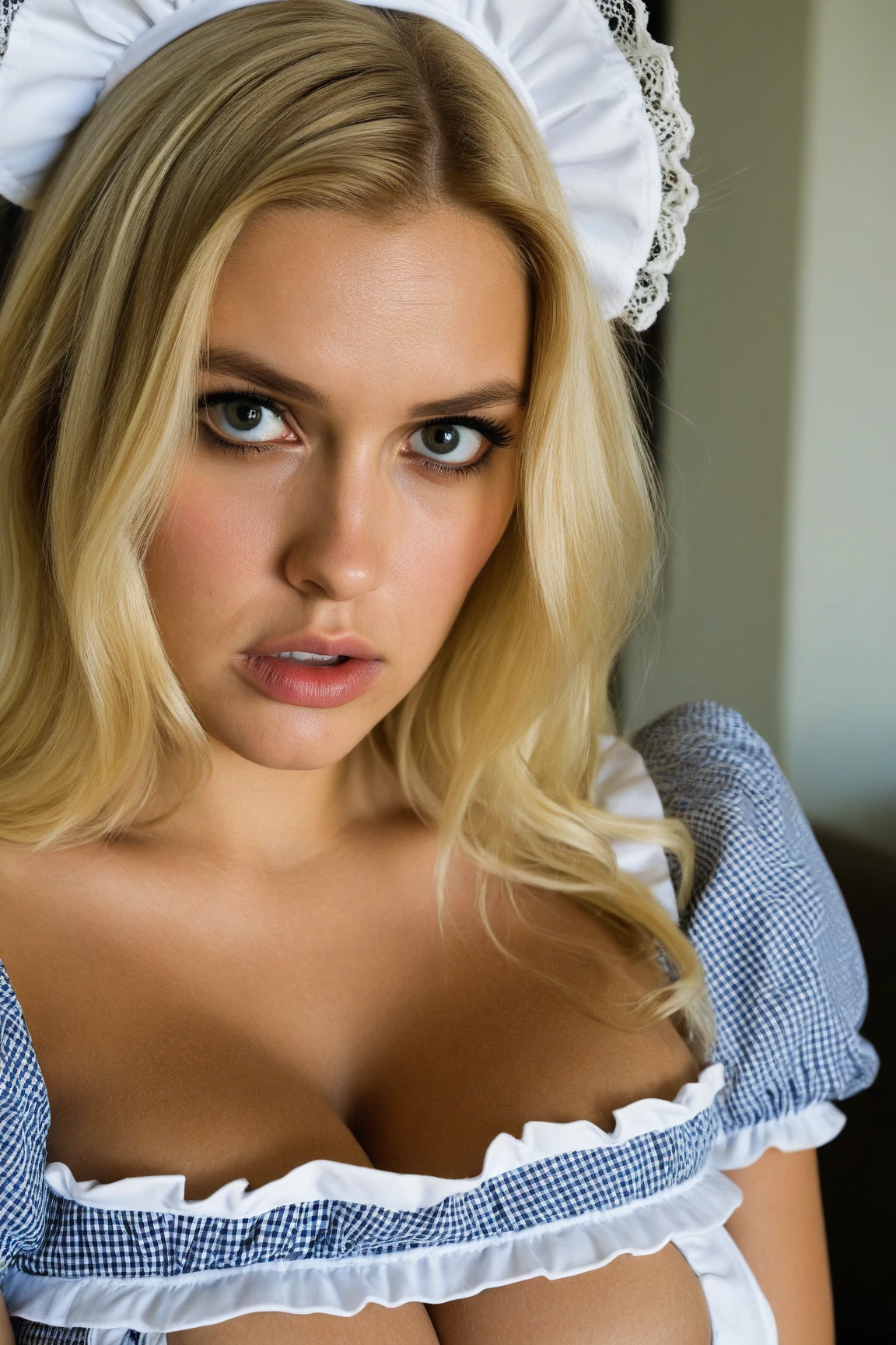 See from above the woman's blonde puffy curly hair, head bow like she is giving a blowjob inside a car