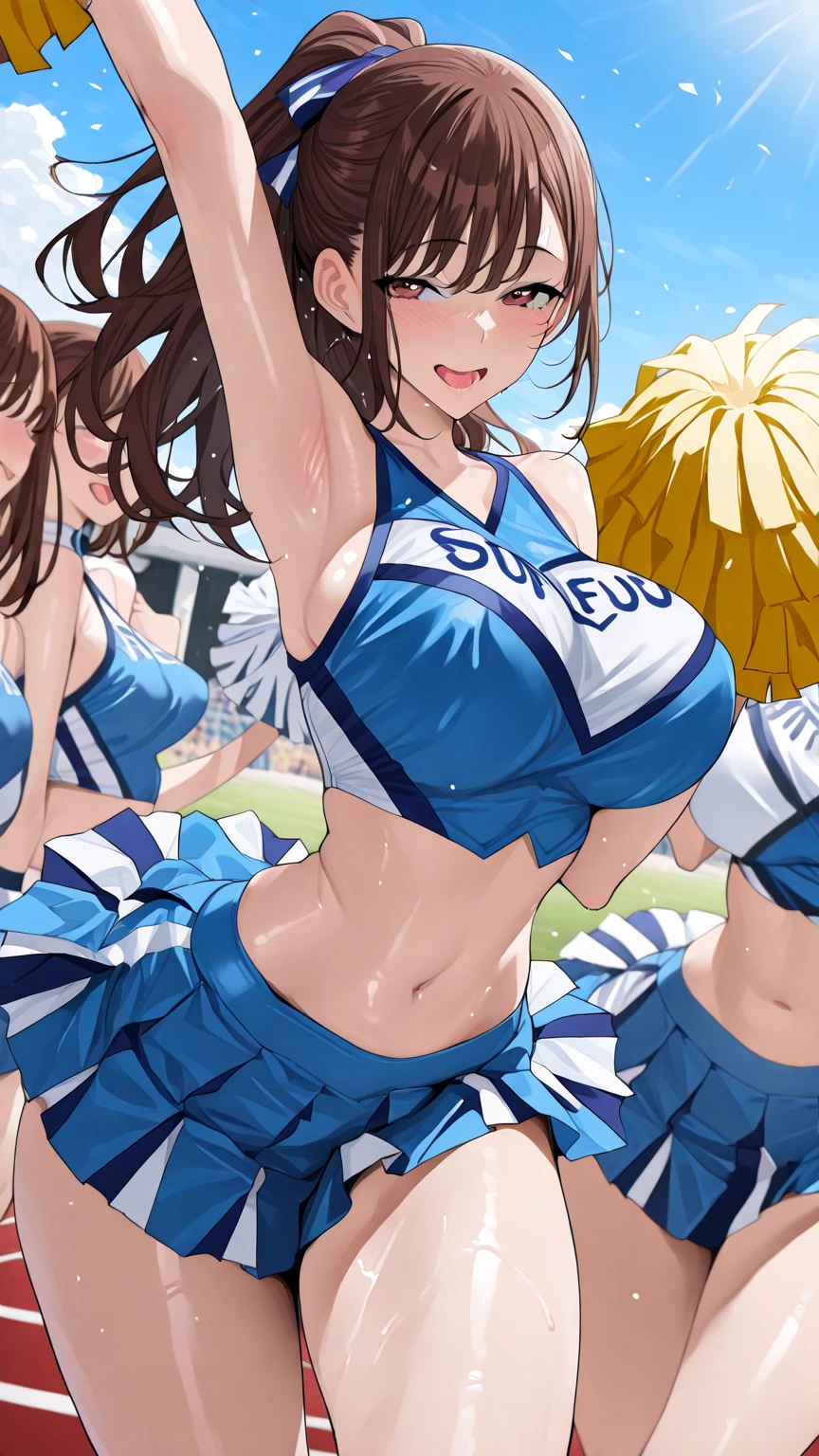 asui_tsuyu 1girl, solo, (long dark hair, green highlights), cheerleader, holding pom poms, midriff, navel, orange skirt, pink footwear, pom pom (cheerleading), pom poms, (skimpy orange u.a. cheerleader uniform:1.5), jumping, exposed pussy, excited, tits, underboob, nudity, slutty, wardrobe malfunction, excited, joyful, arms up, pussy, outdoors, slutty, pussy, facing viewer, crotch shot, detailed, statium in the background, nsfw, vagina,